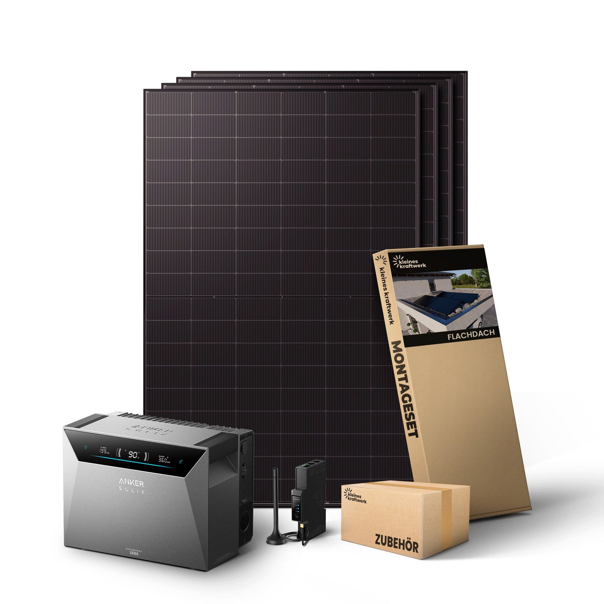 Kleines Kraftwerk Balkonkraftwerk, 2000 W, Monokristallin, (Flachdach/Garten, 0% MwSt für Privatkunden - Solaranlage Komplettset mit Speicher), 4 x 500W, Anker Solarbank 4 Pro