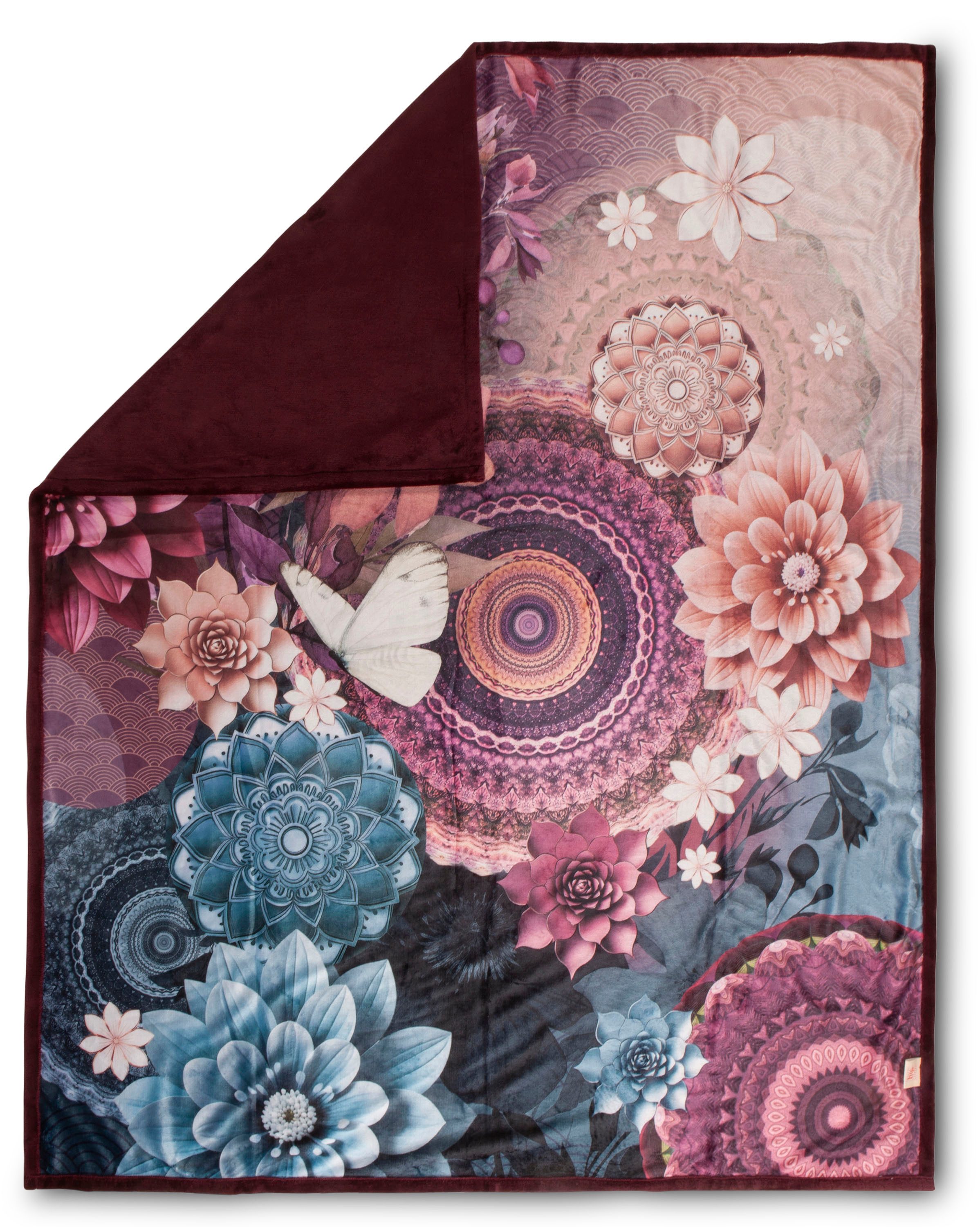 Plaid Asher, hip, Weich, Kuscheldecke, 130x160 cm, Wendeoptik, Mandala, Blumen, Bordeaux