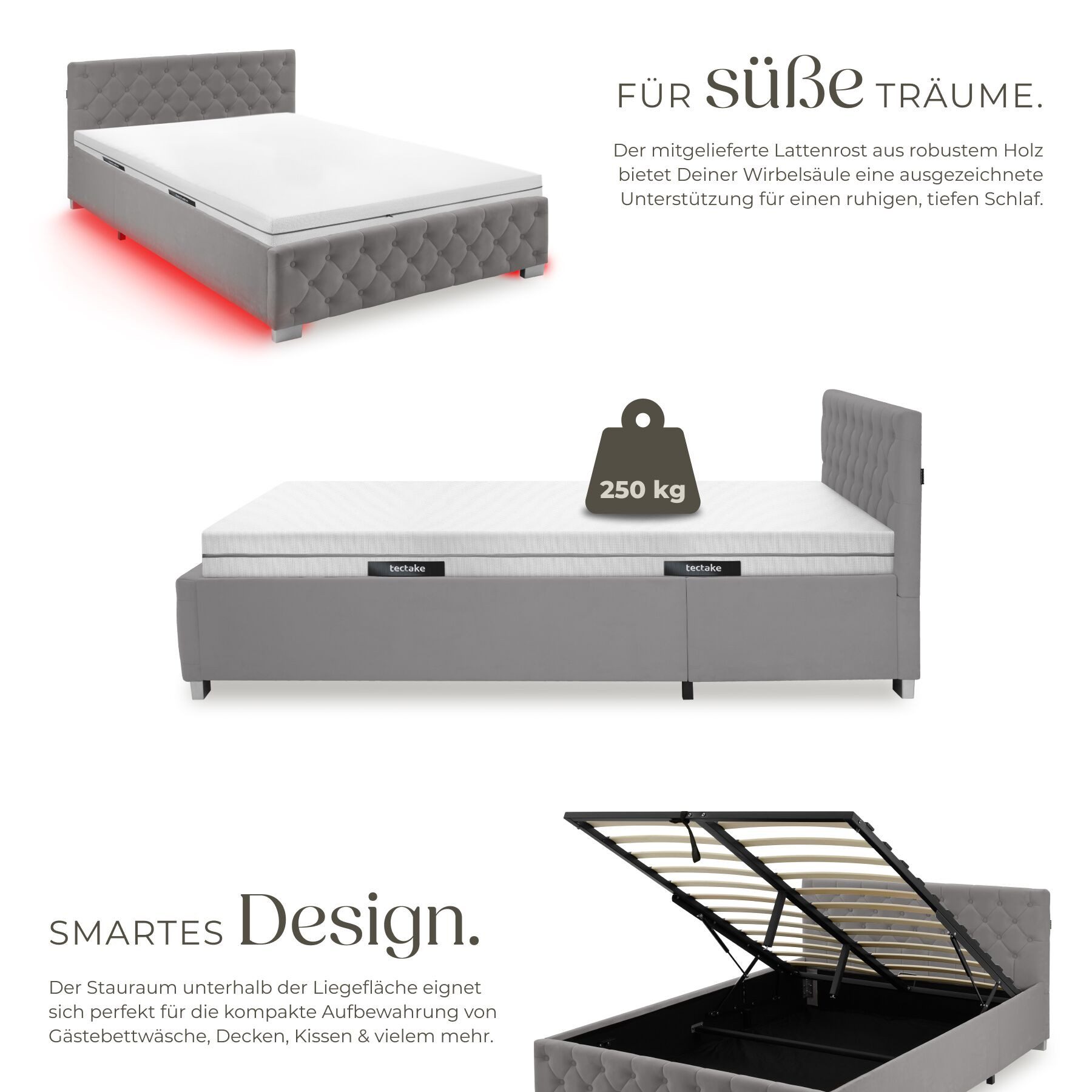 tectake Polsterbett Komfortbett mit LED-Leisten & Stauraum - Samtoptik mit Steppmuster (Bettset mit Matratze, in Dunkelgrau), Matratze mit Komfortschaumkern (wa – Bild 5 von 5