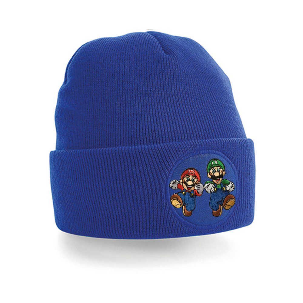 Mütze Mario & Nintendo Blondie Luigi Royalblau Beanie Super Unisex Patch und Brownie Stick Erwachsenen