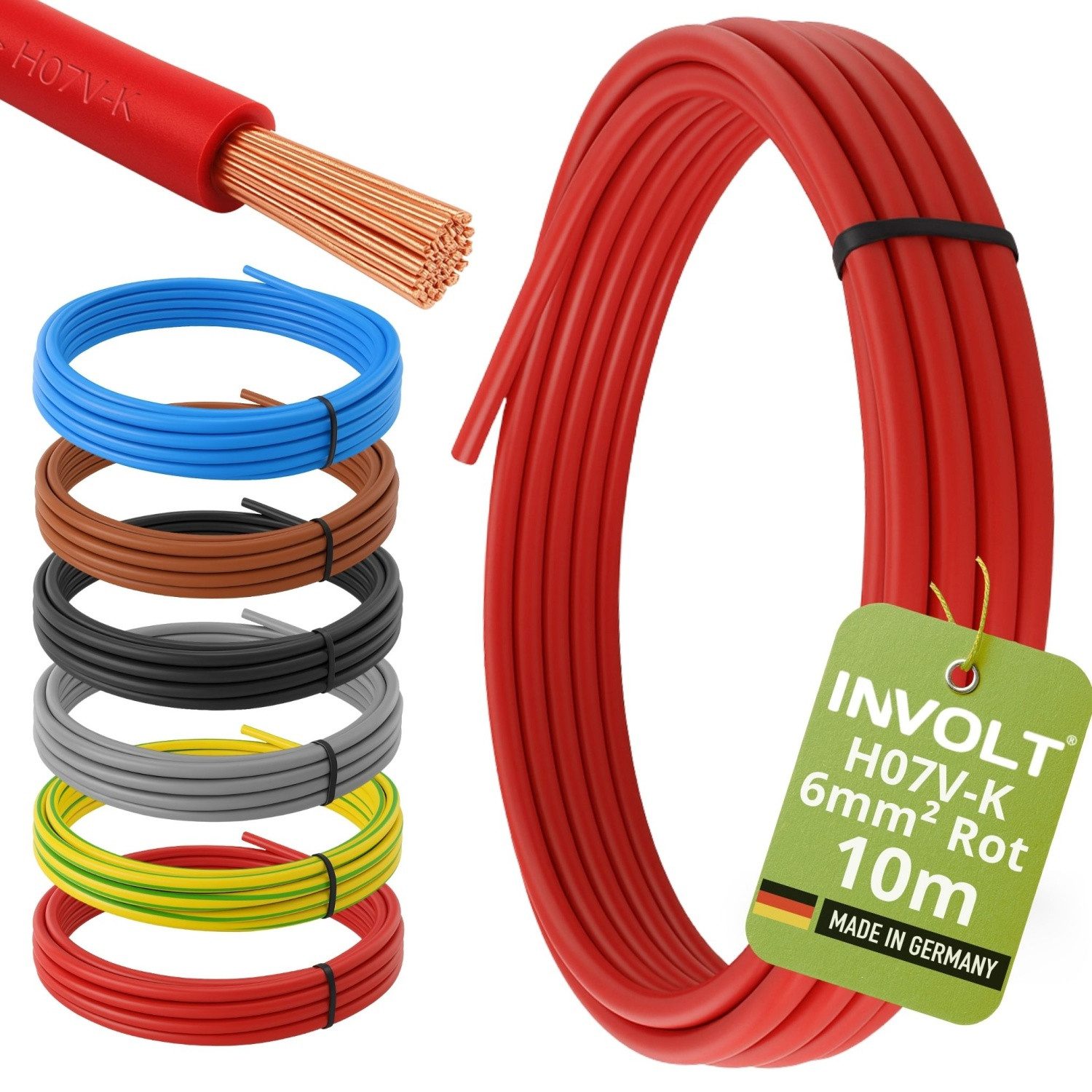 INVOLT H07V-K 6/10mm² 6 Farben Aderleitung, Verdrahtungsleitung (3 - 100 m) Stromkabel, (1000 cm), Made in Germany