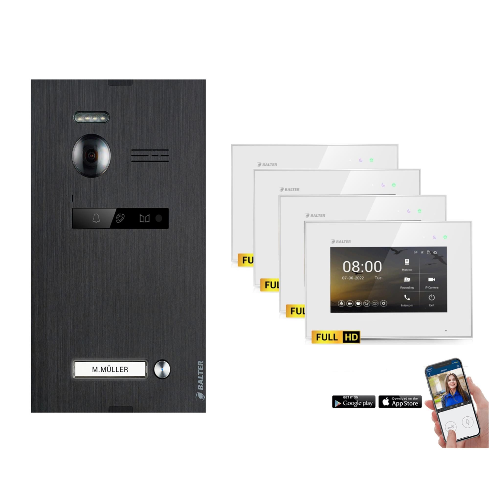 Balter Video-Türsprechanlage EVO-HD Komplettset 1-Familie Schwarz 4x 7" WLAN Monitore Weiß (Set, 1-Familienhaus, Komplettset, FullHD Kamera, mit App)