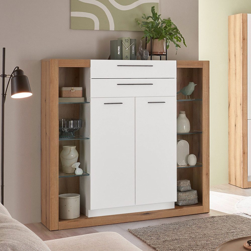 Lomadox Wohnzimmer-Set BELLAGIO-61, (Mega-Spar-Set, 5-St., Highboard Vitrinenschränke Lowboard Wandregal), in Eiche mit weißen Fronten, viel Stauraum, Glaseinlegeböden