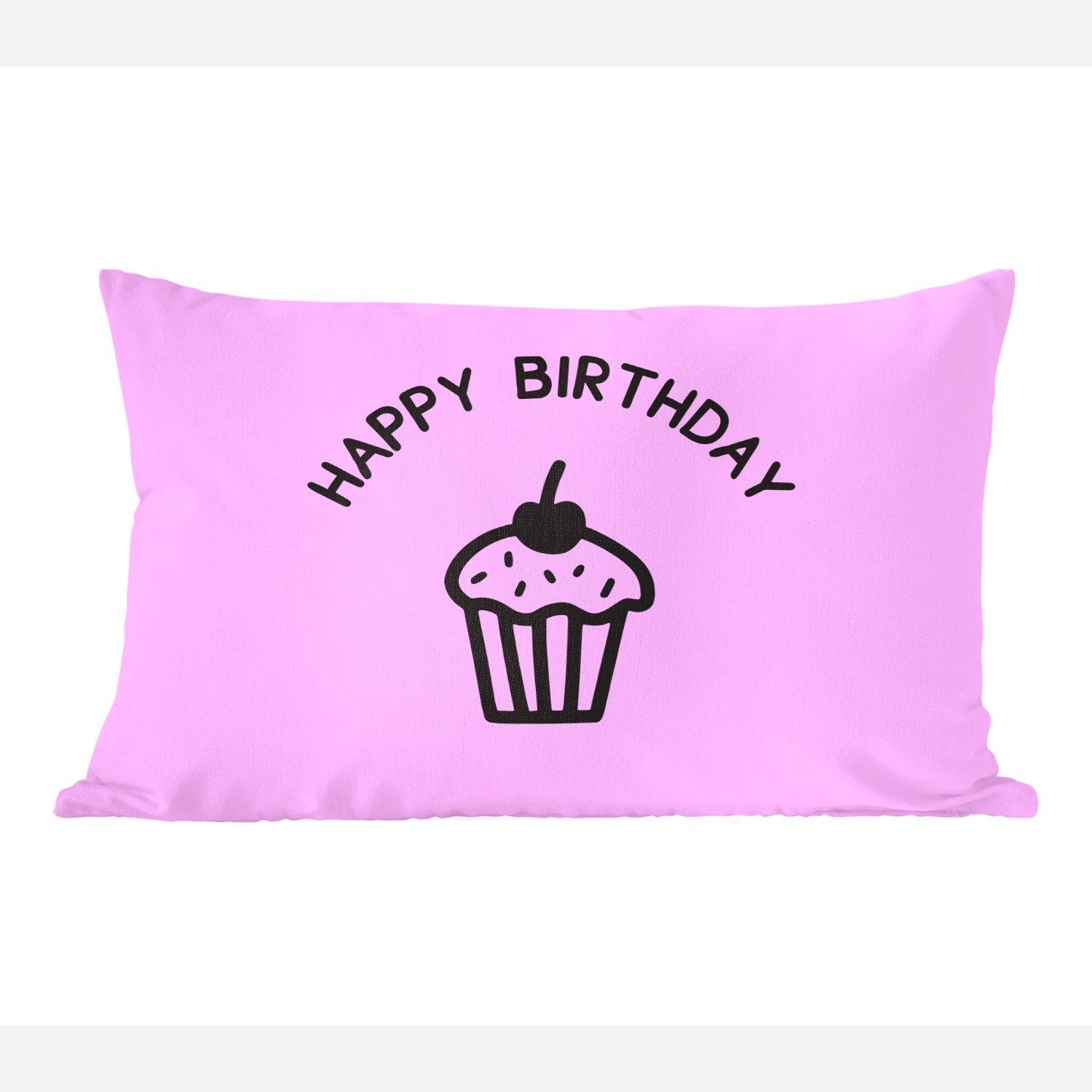 MuchoWow Dekokissen Zitat "Happy Birthday" mit einem Cupcake auf einem rosa Hintergrund, Wohzimmer Dekoration, Zierkissen, Dekokissen mit Füllung, Schlafzimmer