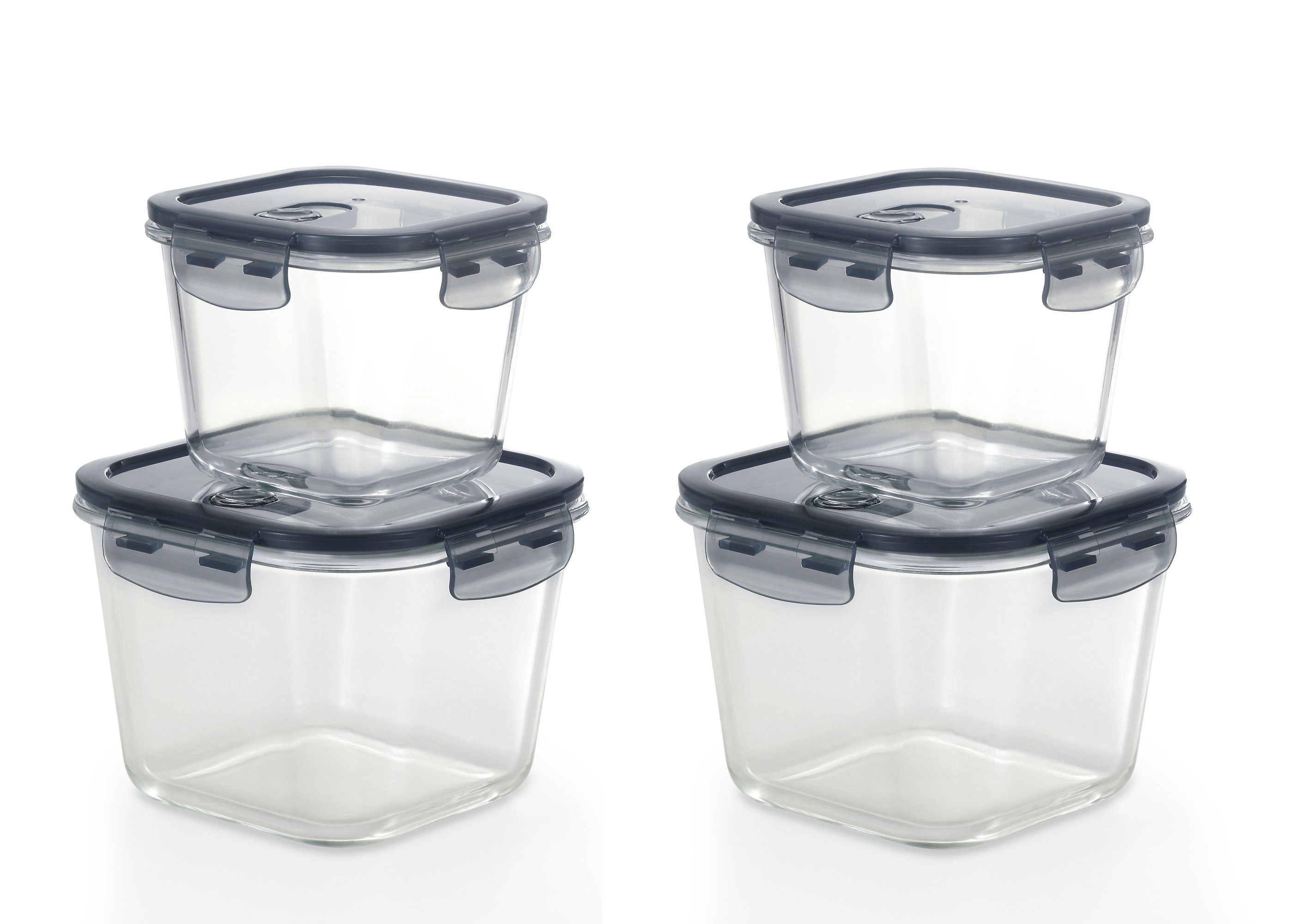 PIE LOCK Frischhaltedose Glasbehälter SLY-XPDS-4-PL, Borosilikatglas, (8 teiliges Set, 8-tlg., 4 Vorratsdosen, 4 Deckel mit Klickverschluß), Frischhaltedosen Glas mit Deckel – Vorratsdosen