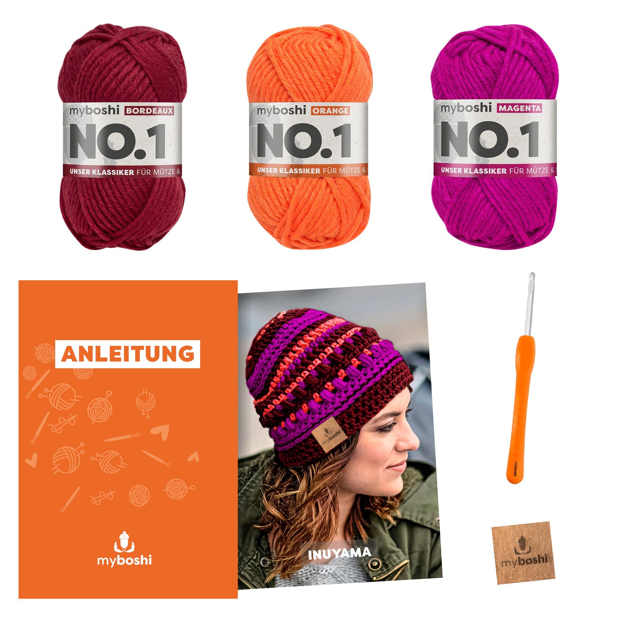 myboshi Häkelset Mütze Inuyama No.1 Wolle Nadel Anleitung Häkelwolle, (1St., DIY Häkelset Mütze