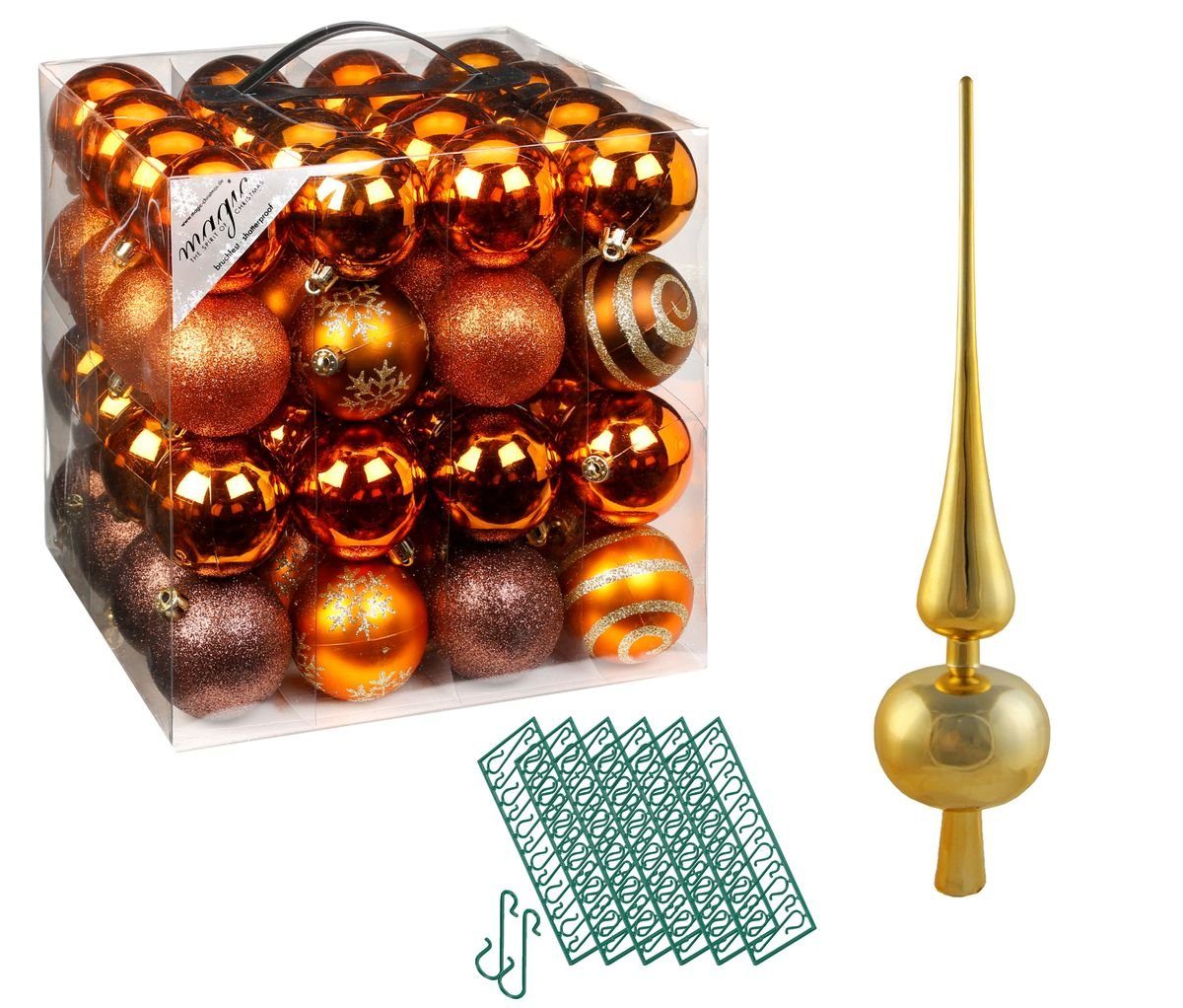 JACK Christbaumschmuck JACK 64x Kunststoff Christbaumkugeln Ø6cm + Spitze 28cm inkl Aufhänger, Kugeln: Braun, Spitze: Gold. Reduzierter Preis € 36,90. Unverbindliche Preisempfehlung € 49,95