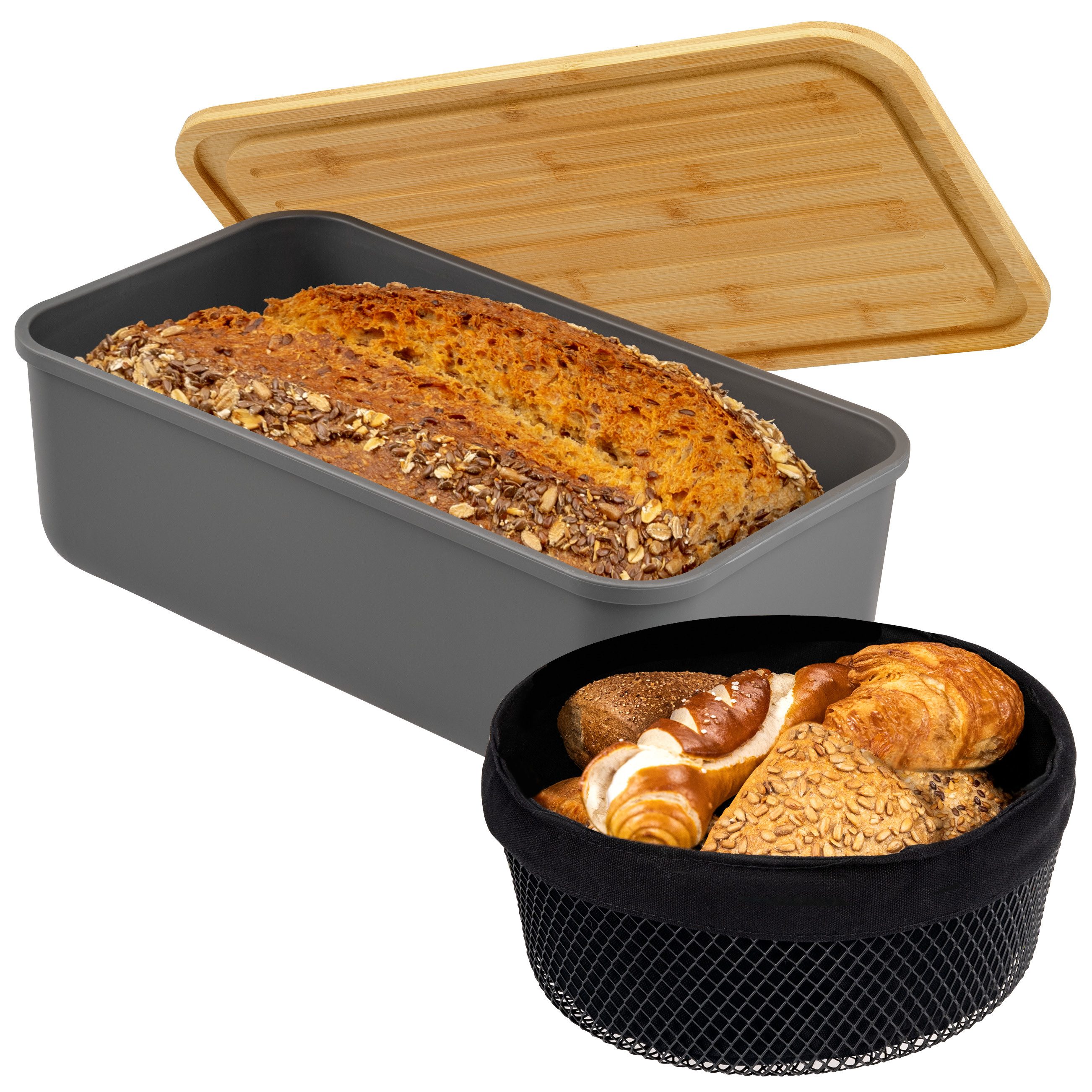 eluno Brotkasten 2tlg. Brotaufbewahrungs-Set (Kunststoff/Metall, grau)