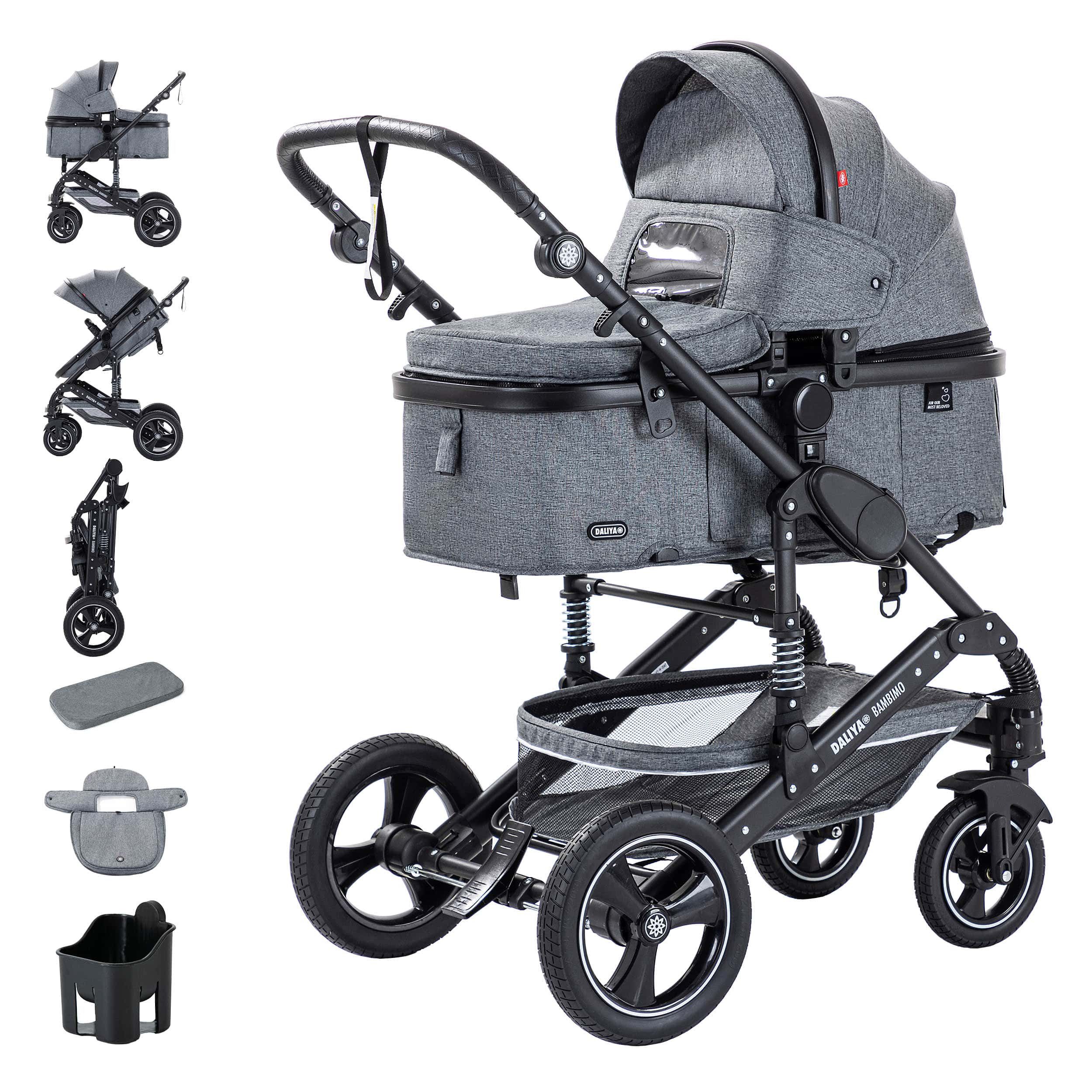 Daliya® Kombi-Kinderwagen BAMBIMO 2in1 Kinderwagen & Buggy, Babywanne und Sportsitz, Alu-Rahmen, (Grundausstattung für Babys, 9-tlg), Großer Einkaufskorb, Federung, weiche Matratze, Belüftungssystem