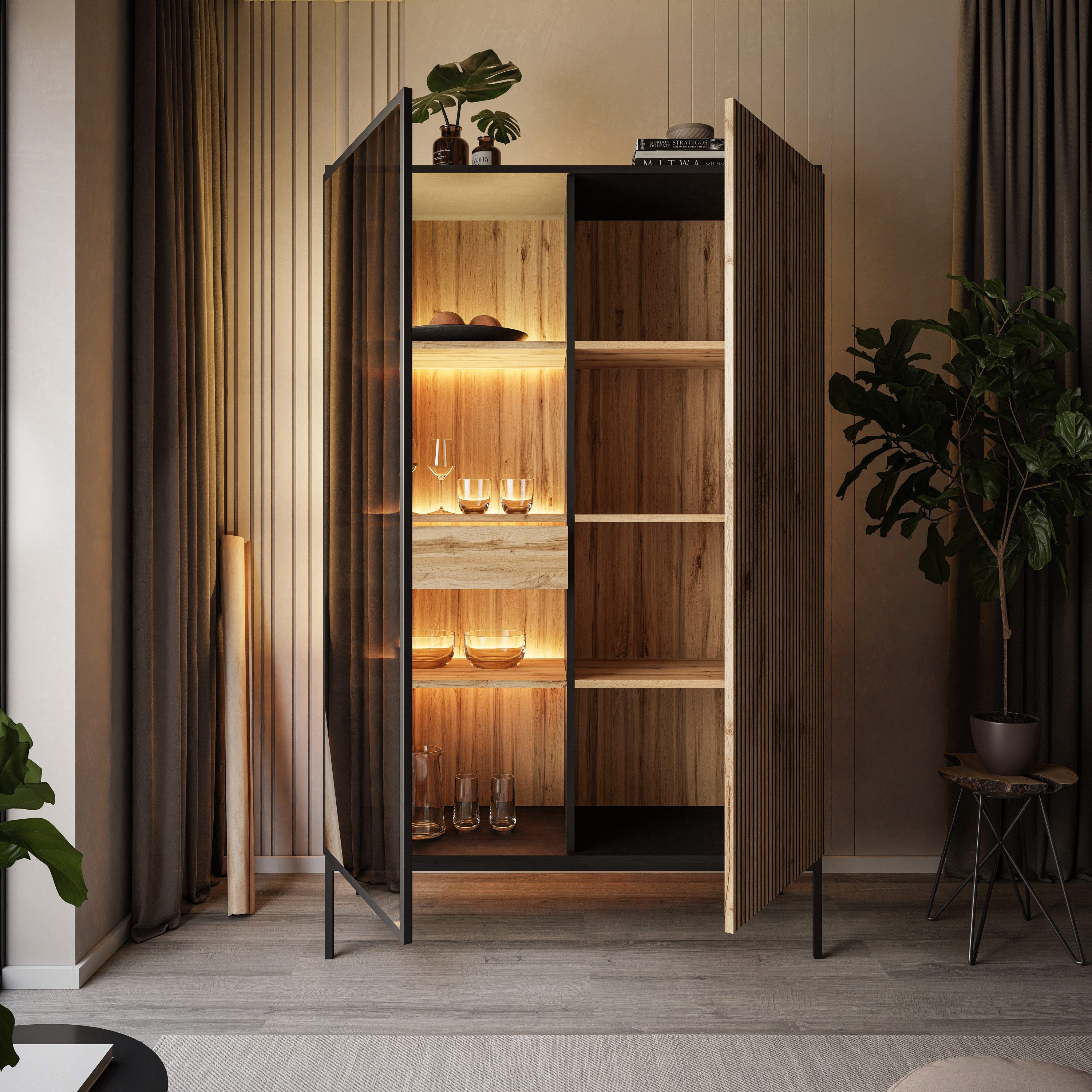 Lookway Hochschrank ECLIPSE WTSZ104 Vitrine mit Beleuchtung Eiche schwarz wotan 104x39x166 cm – Bild 4 von 5