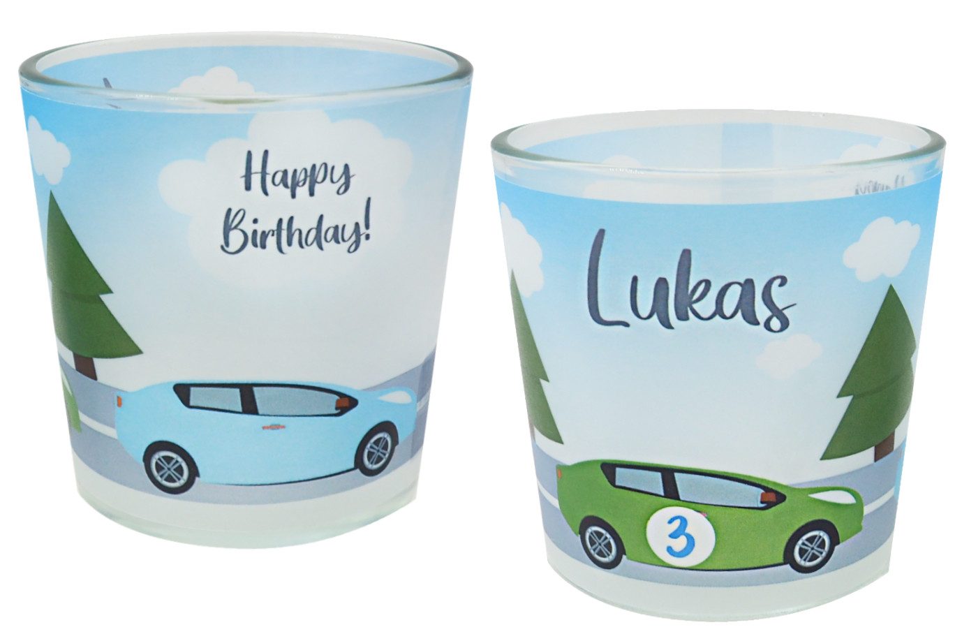 Windlicht Windlicht Banderole Auto Kinder Geburtstag Kerzenglas MIT NAME 7,5cm H