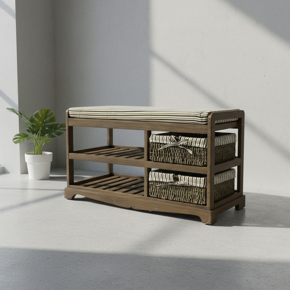 Melko Sitzbank Sitzbank 2 Rattankörbe Stauraum Braun mit Ablage Lowboard Weidenkörbe (Stück, 4-St., Schuhbank), Stilvolle und praktische Ergänzung zu jedem Interieur!