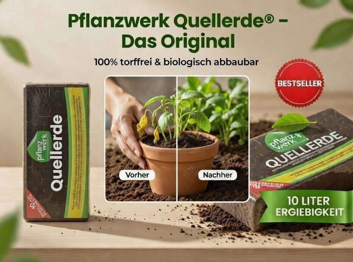 Pflanzwerk® Blumenerde ORIGINAL QUELLERDE Pflanzkübel Pflanzerde 100% BIO - 100% TORFFREI, 100% Biologisch - Düngerfrei - Torffrei - Nachhaltig - PH-Neutral