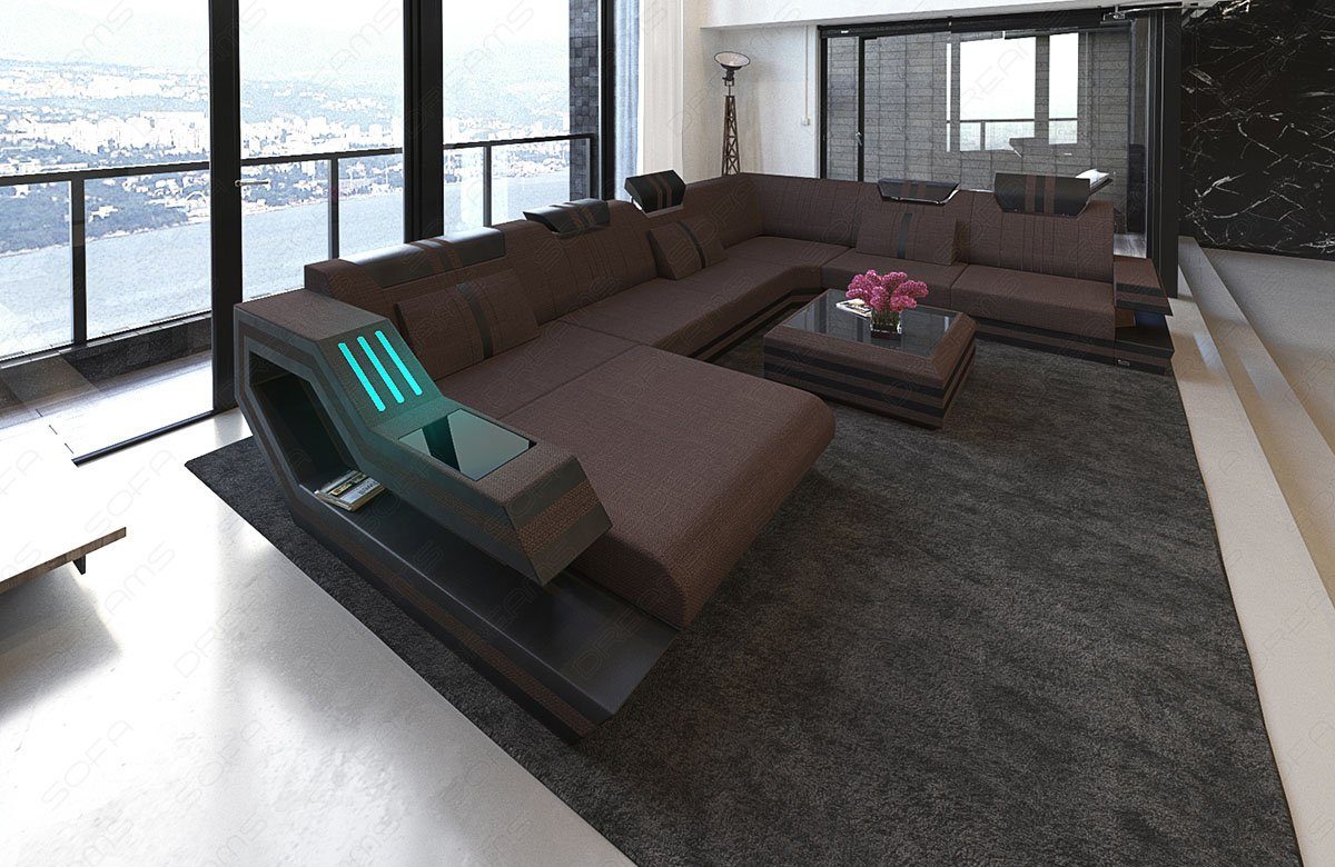 Sofa Dreams Wohnlandschaft Stoff Sofa Couch XXL Stoffsofa, Bettfunktion mit wahlweise Ravenna graubraun-schwarz H Strukturstoff Polster
