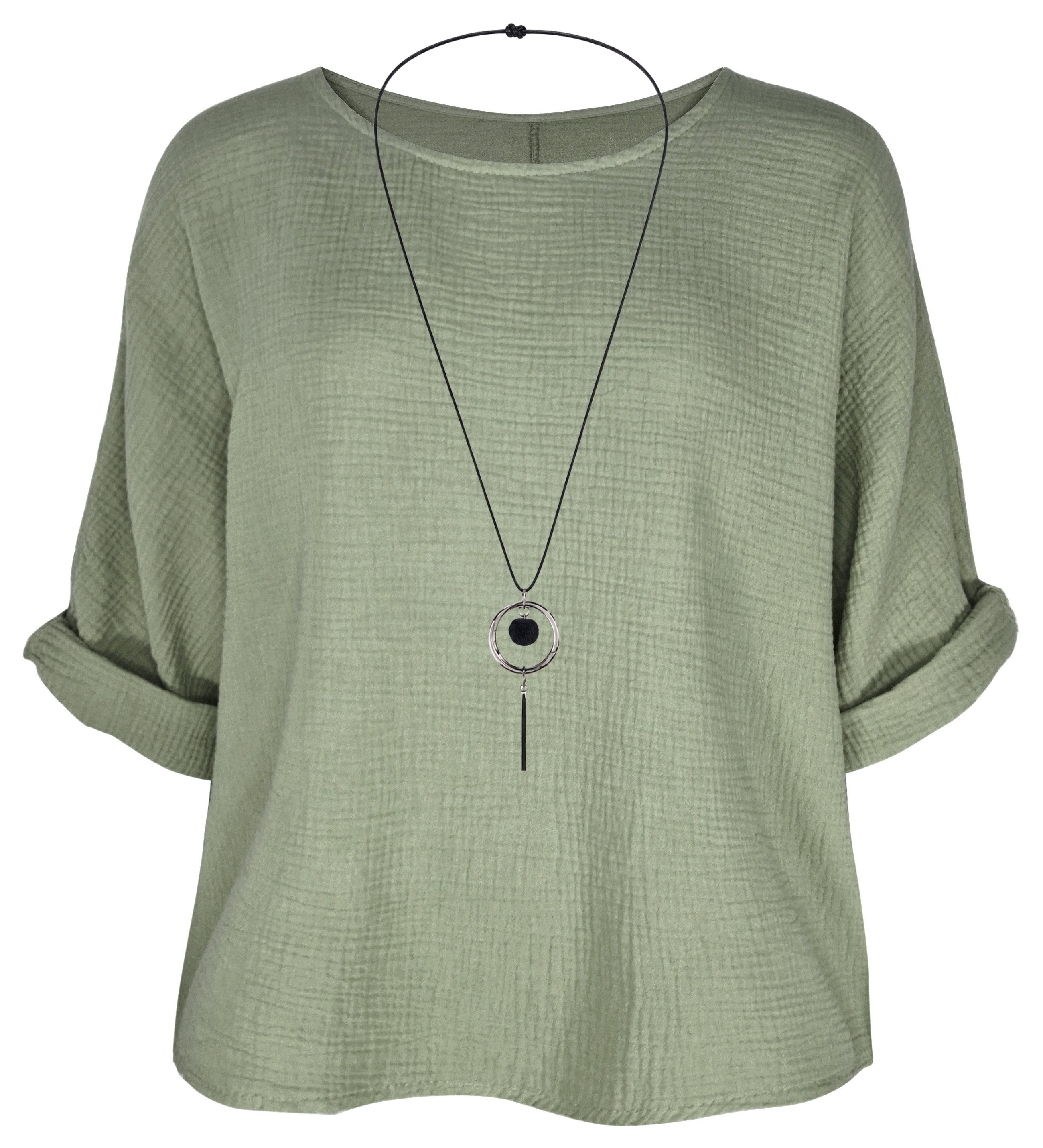 dy_mode Crinklebluse Damen Musselin Bluse Oversize Bluse Blusenshirt Oberteil Baumwolle in Unifarbe, mit passende Kette