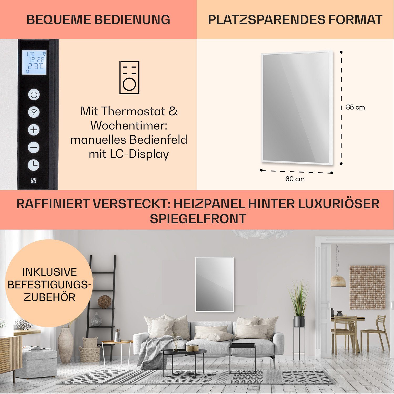 Klarstein Heizkörper La Smart Wandheizung Heizung W 750 Palma white, Infrarot elektrische Spiegel elektrisch Thermostat