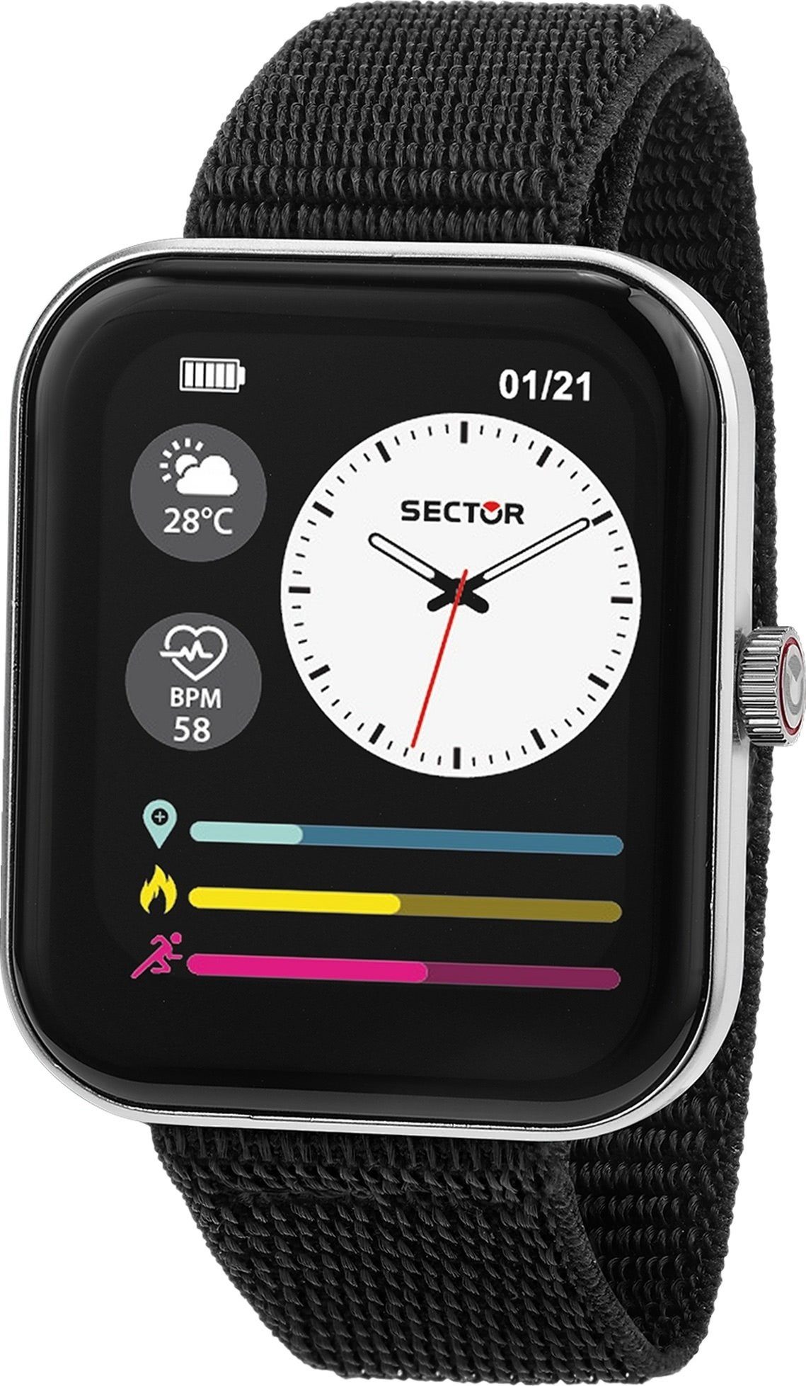 Sector Sector Herren Armbanduhr Smartwatch (kompatibel ab Android 5.1+ und IOS 8.0), Analog-Digitaluhr, Herren Smartwatch eckig, groß (45x38mm), Nylonarmband schwarz, Sport