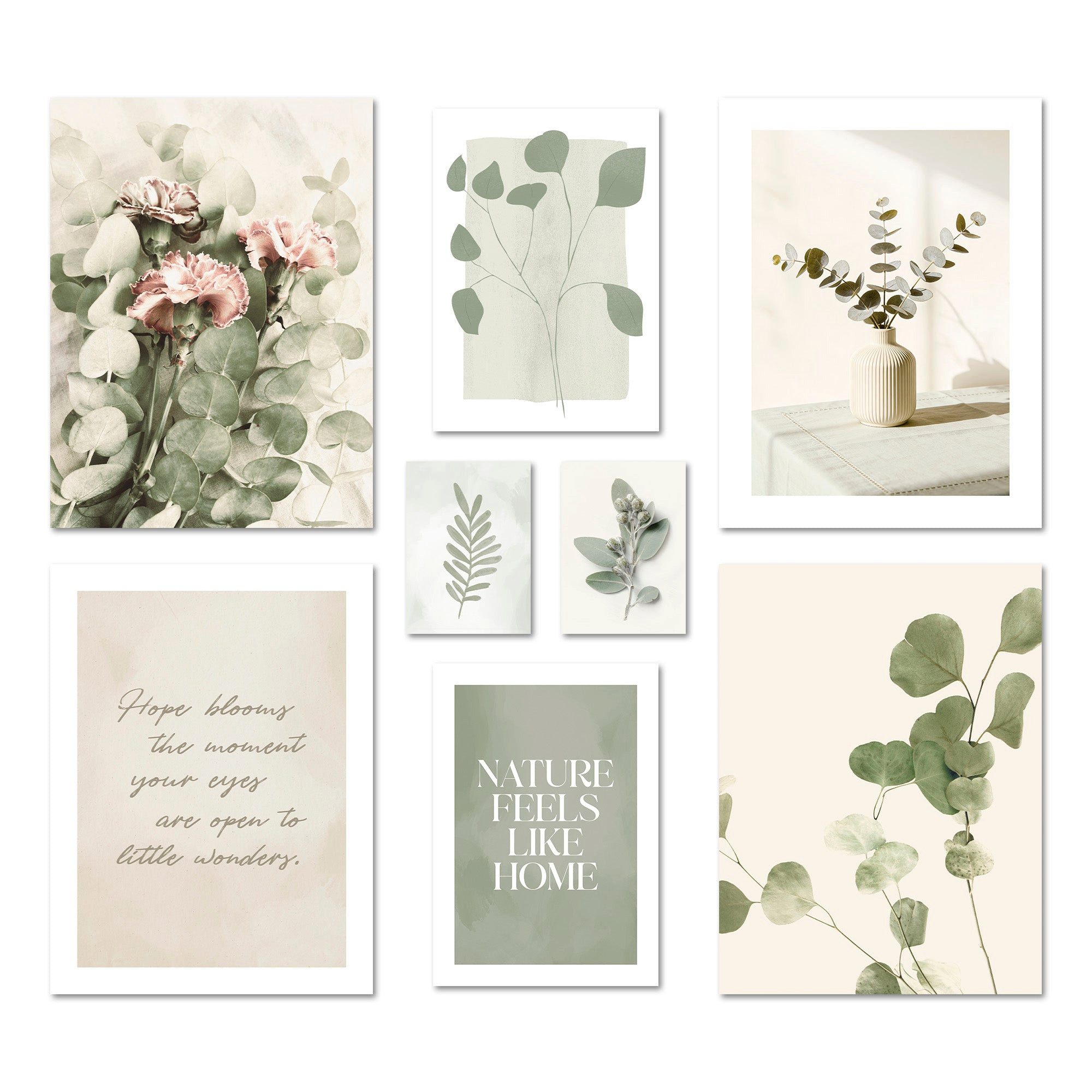 ARTFAVES Bilder-Collage Poster Set Eucalyptus I mehrteilige Bilderwand I Wandbilder Eukalyptus, (Wandbilder modern, 8 St)