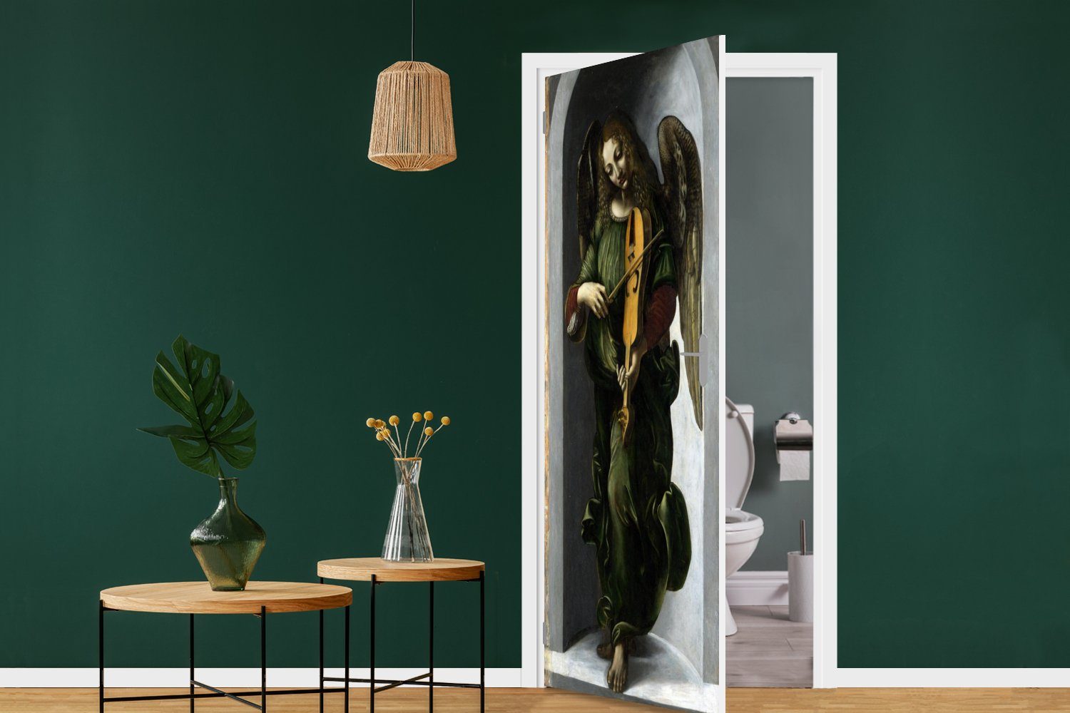 da MuchoWow Türtapete Türaufkleber, Fototapete für Tür, St), Vinci, einer bedruckt, Fahne Ein Engel (1 cm Leonardo - in Grün mit 75x205 Matt,