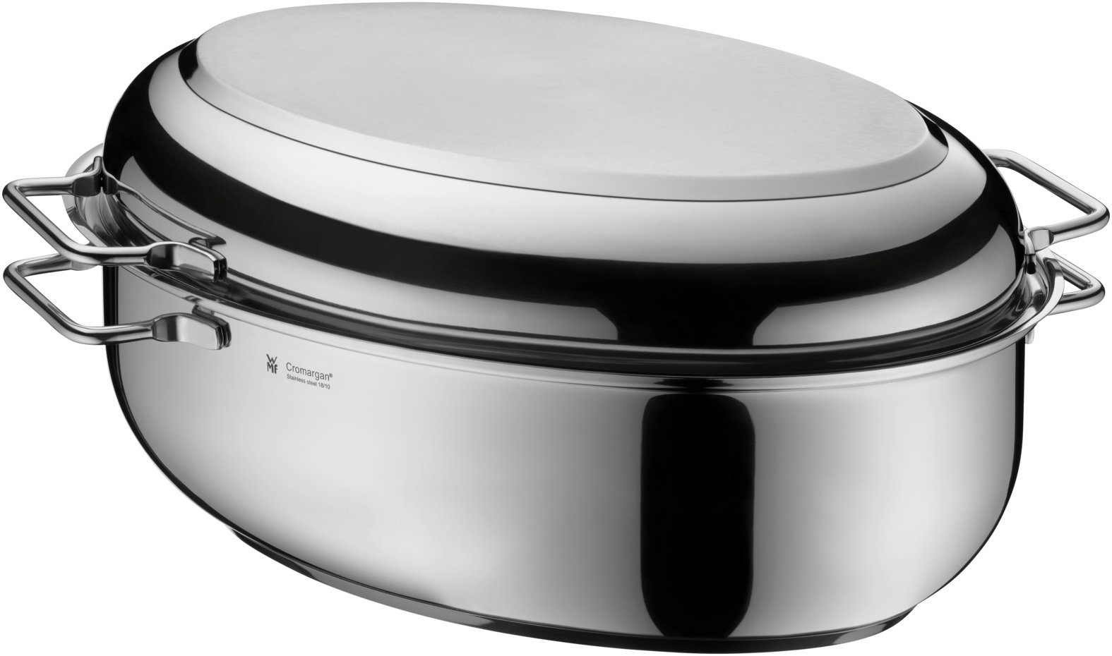 WMF Bräter Extrabräter mit Metalldeckel, Drahteinsatz und Fleischthermometer, Cromargan Edelstahl rostfrei 18/10 (1-tlg., Bräter oval, Induktionsdeckel, Bräter-Einsatz, Bratenthermomter), multifuktionaler Deckel, backofengeeignet, tropffreies Ausgießen
