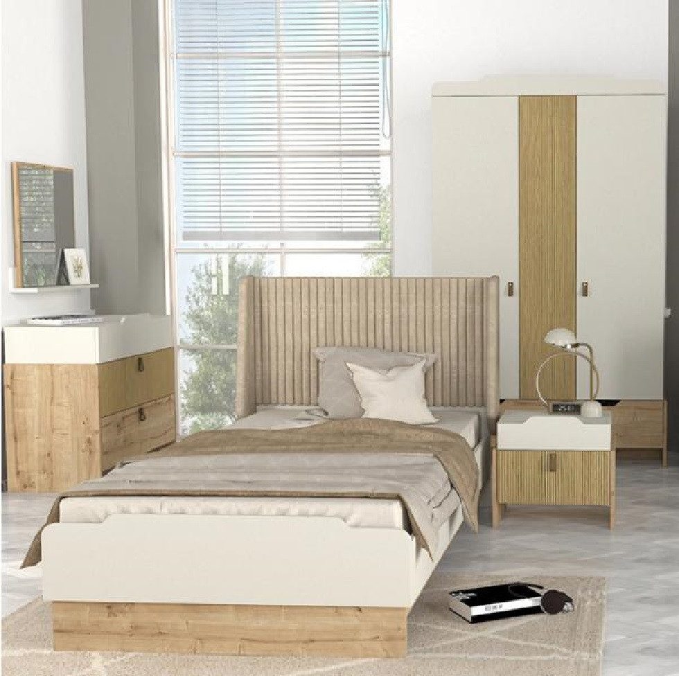 Schlafzimmer-Set Stilvolles Jugendzimmer Set in Beige/Weiß mit viel Stauraum
