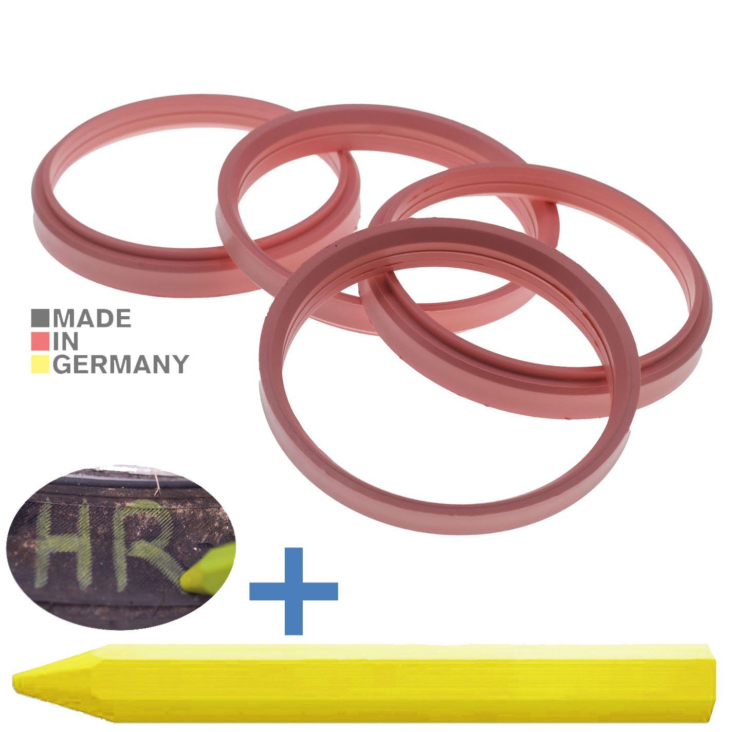 RKC Reifenstift 4X Zentrierringe Rosa Felgen Ringe + 1x Reifen Kreide Fett Stift, Maße: 76,0 x 66,5 mm