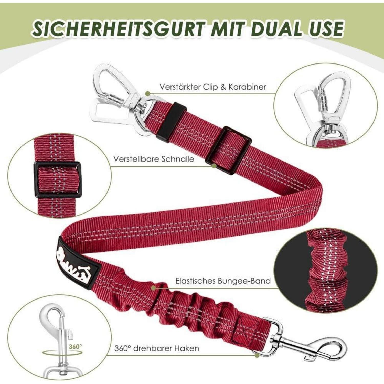 LuxusKollektion Autohundegeschirr Hundegurt Auto Verstellbar Ruckdämpfung Universalstecker Rot
