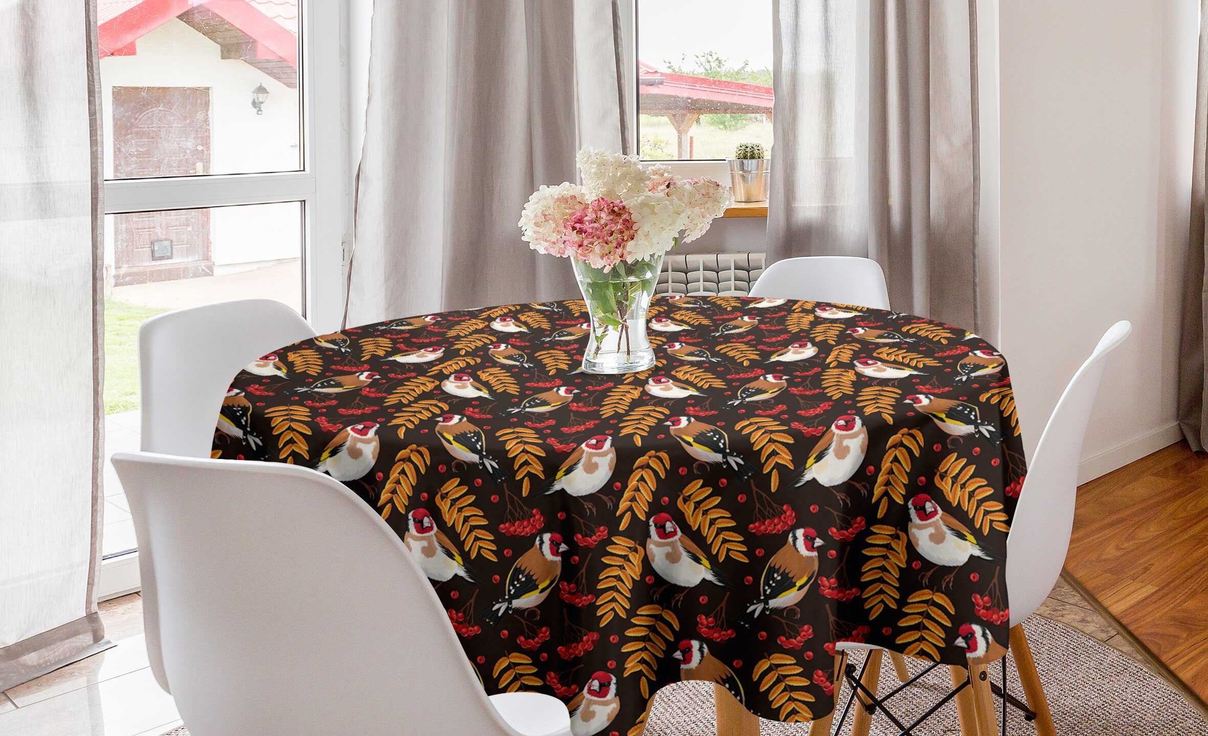 Abakuhaus Tischdecke Kreis Tischdecke Abdeckung für Esszimmer Küche Dekoration, Vögel Stieglitz Berry Pattern