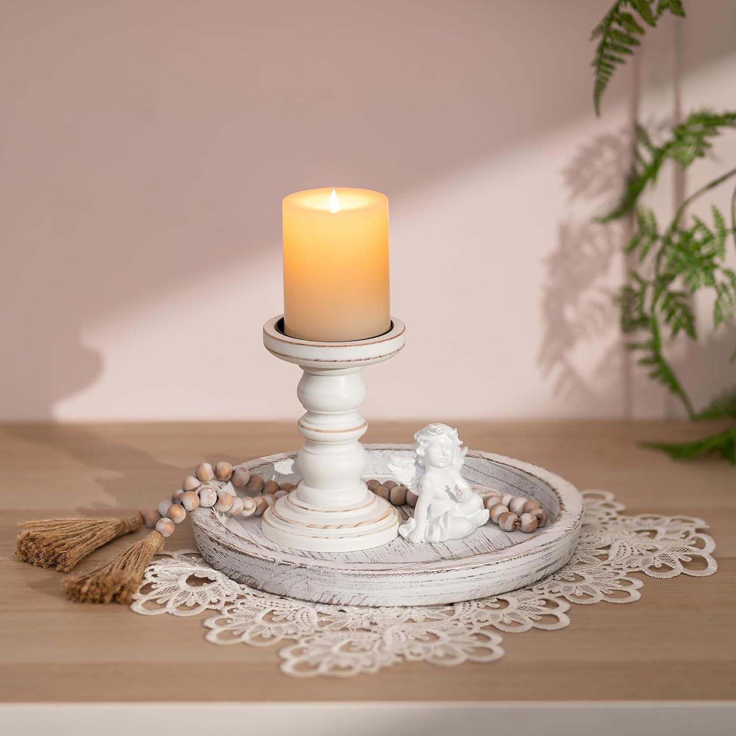 LuxusKollektion Kerzentablett Holz Tablett Kerzen-Blumen Deko 29cm Rund Weiß Landhaus Shabby
