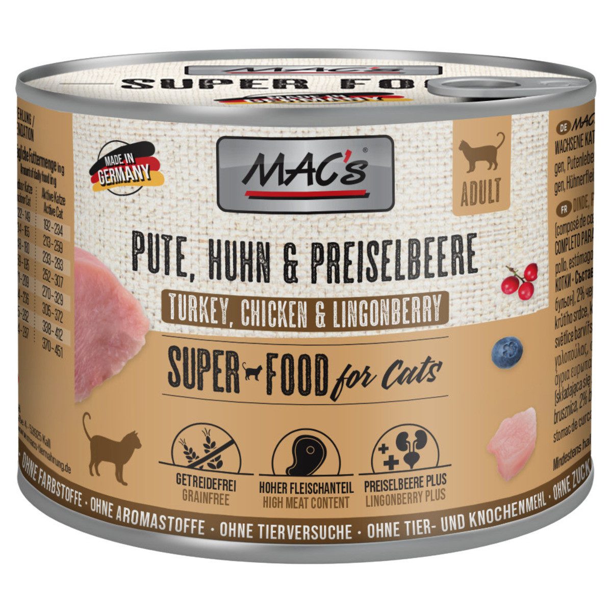 MAC'S Pute, Huhn & Preiselbeere 200 g - 6 Stück, Nassfutter für: Katze
