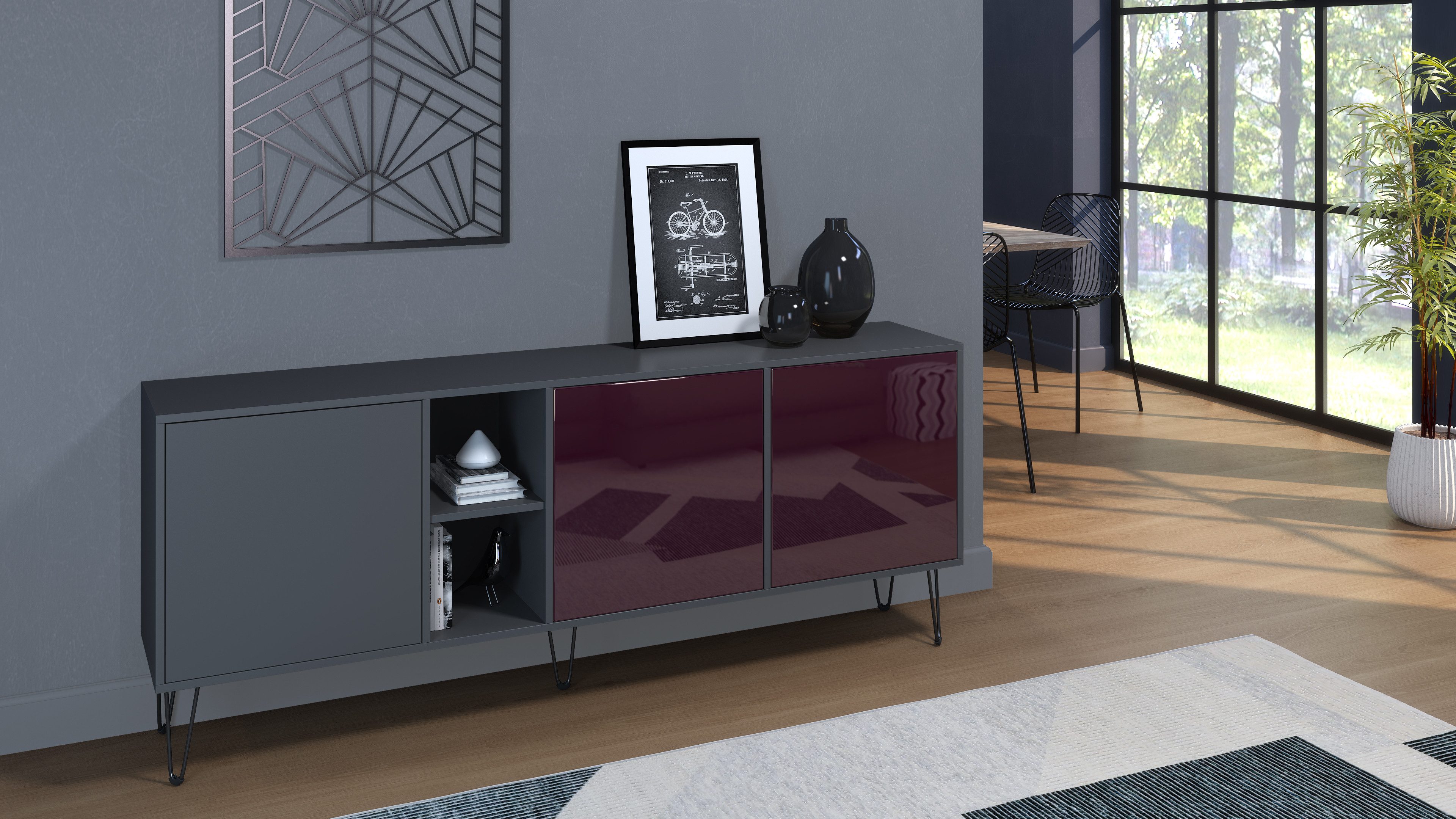 Vladon Sideboard Havana (TV-Schrank mit 3 Türen und 2 offene Fächer, Kommode Made in Germany), Anthrazit matt / Brombeer Hochglanz (181,5 x 73 x 35 cm)
