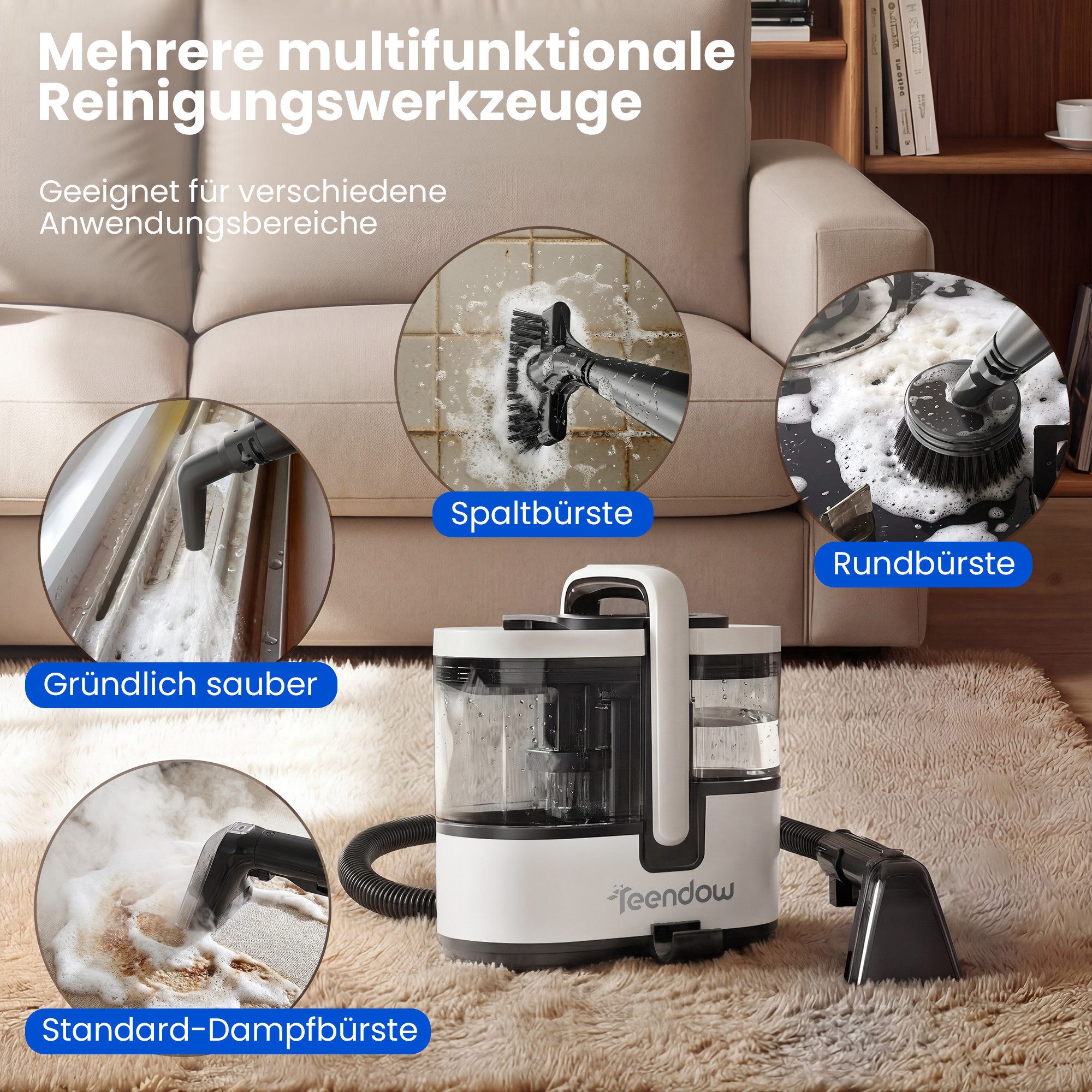 Teendow Wasch-Sauger C7MAX Waschsauger mit Dampf Nasssauger Polsterreiniger Teppichreiniger, 1800 W, Wassertank, Dampf >100°C, 30 Sek. Aufheizung, 18 kPa, 1,6L+1,5L Tanks