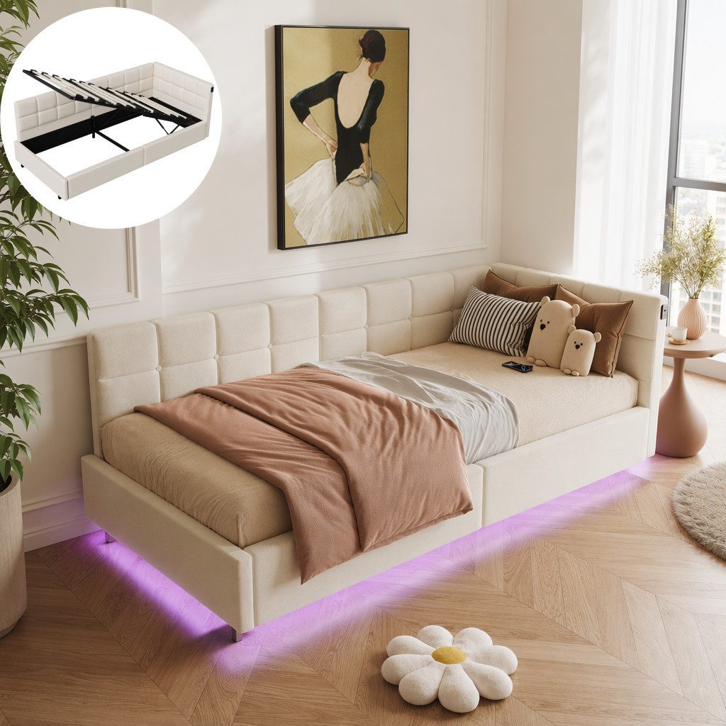 Simurq Daybed Tagesbett 90x200 mit Stauraum, Samtbett, Polsterbett, Gästebett, mit LED & USB Port, L-Form, Mit Lattenrost, Wohnliches Design