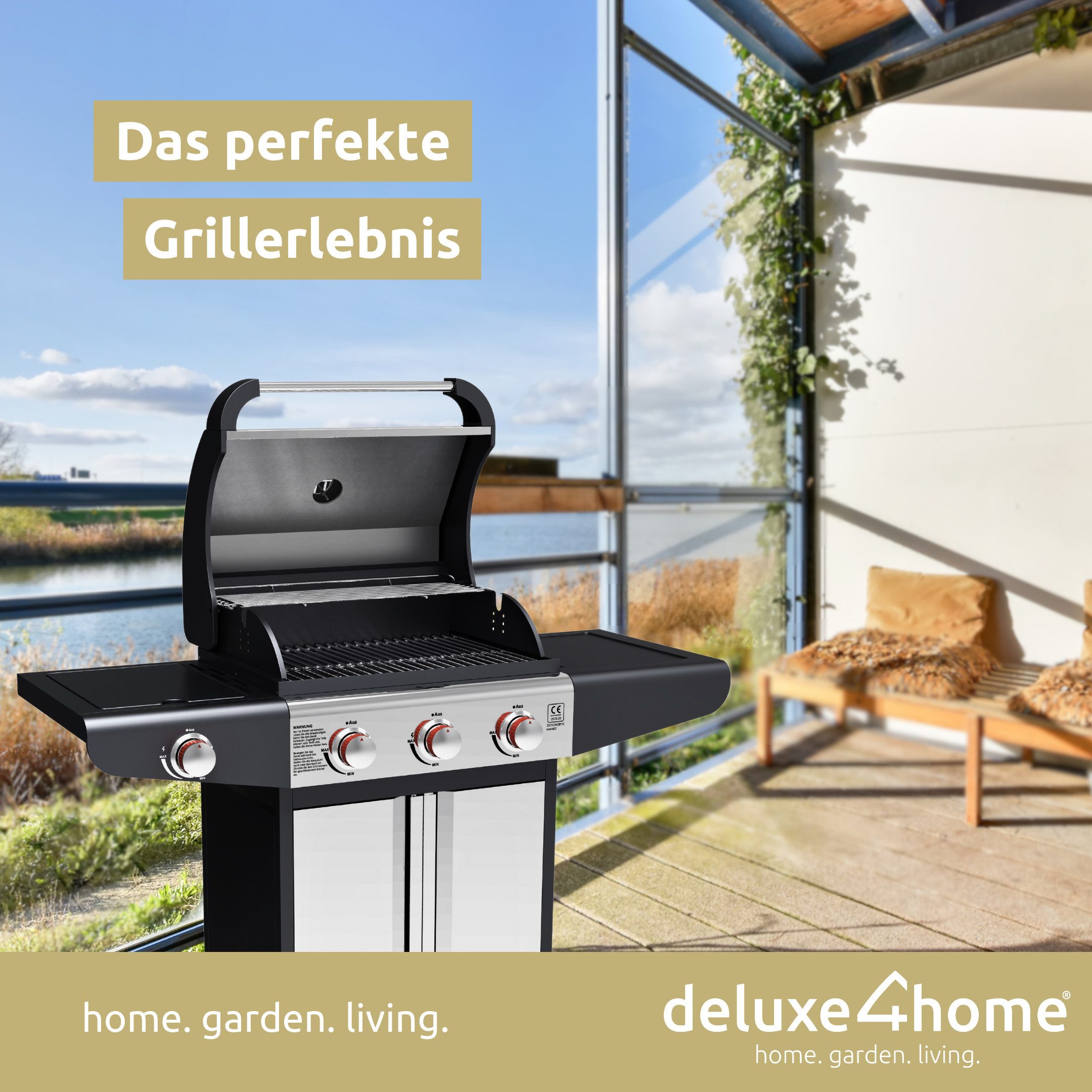 deluxe4home Gasgrill BBQ Grillwagen mit Deckel I 3+1 Seitenbrenner XXL Grill mit Ablagen, inkl. Grillhandschuh & Grillthermometer