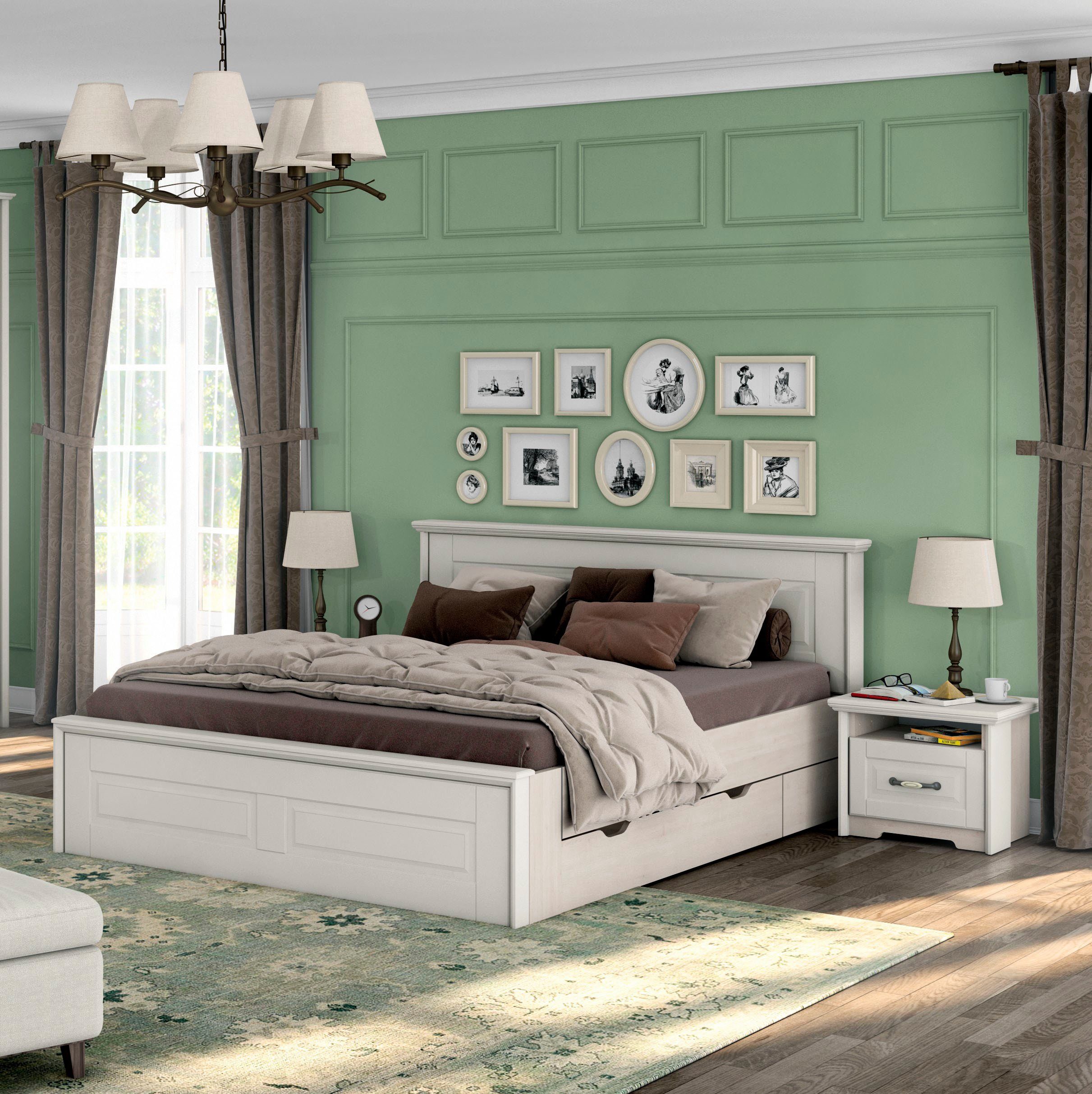 Home affaire Bettgestell Evergreen, UV lackiertes MDF, FSC-zertifiziert, Made in Europe (optional passende Stauraumschubladen und Nachttische erhältlich), Holzbett im klassischen Landhaus Stil, 160x200cm Liegefläche