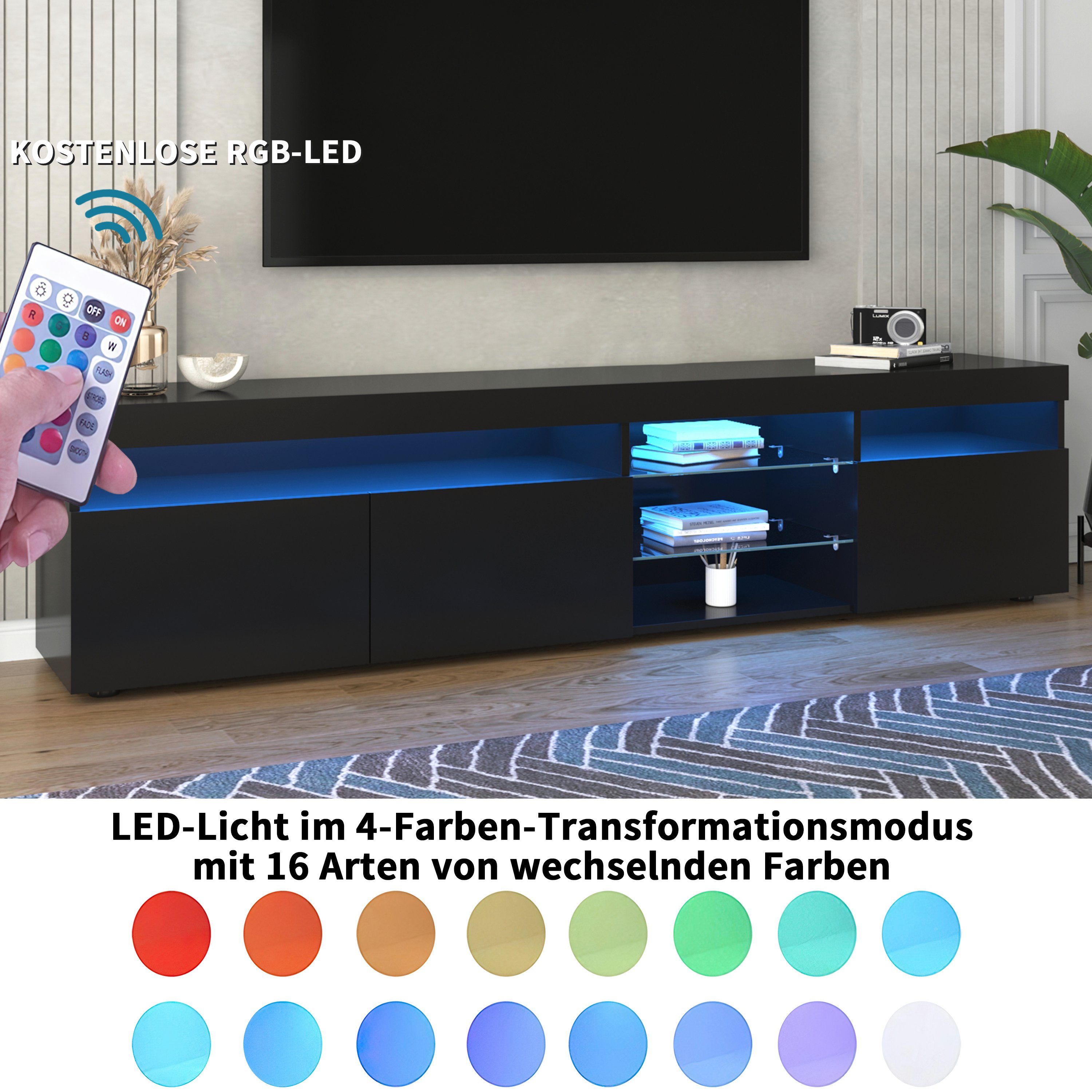 LED-Beleuchtung 2 (Packung), Fernsehtisch, mit Schwarzer TV-Schrank, Ulife Lowboard Fernschrank Mit Glasablagen