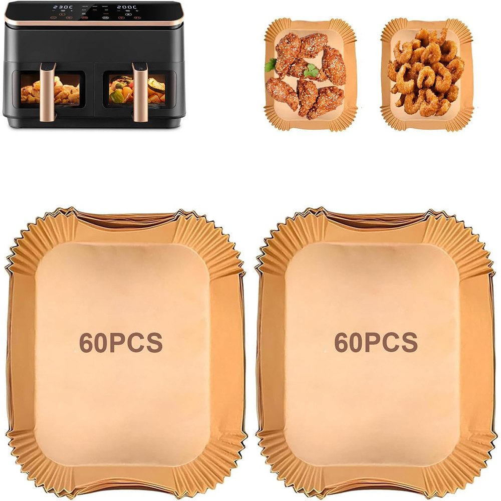 TUWENA Backpapier 120 Stück Airfryer Backpapier, Dual Zone Heißluftfritteuse Zubehör, Airfryer Zubehör Backpapier 5.2L für Heißluftfritteuse Doppel Basket