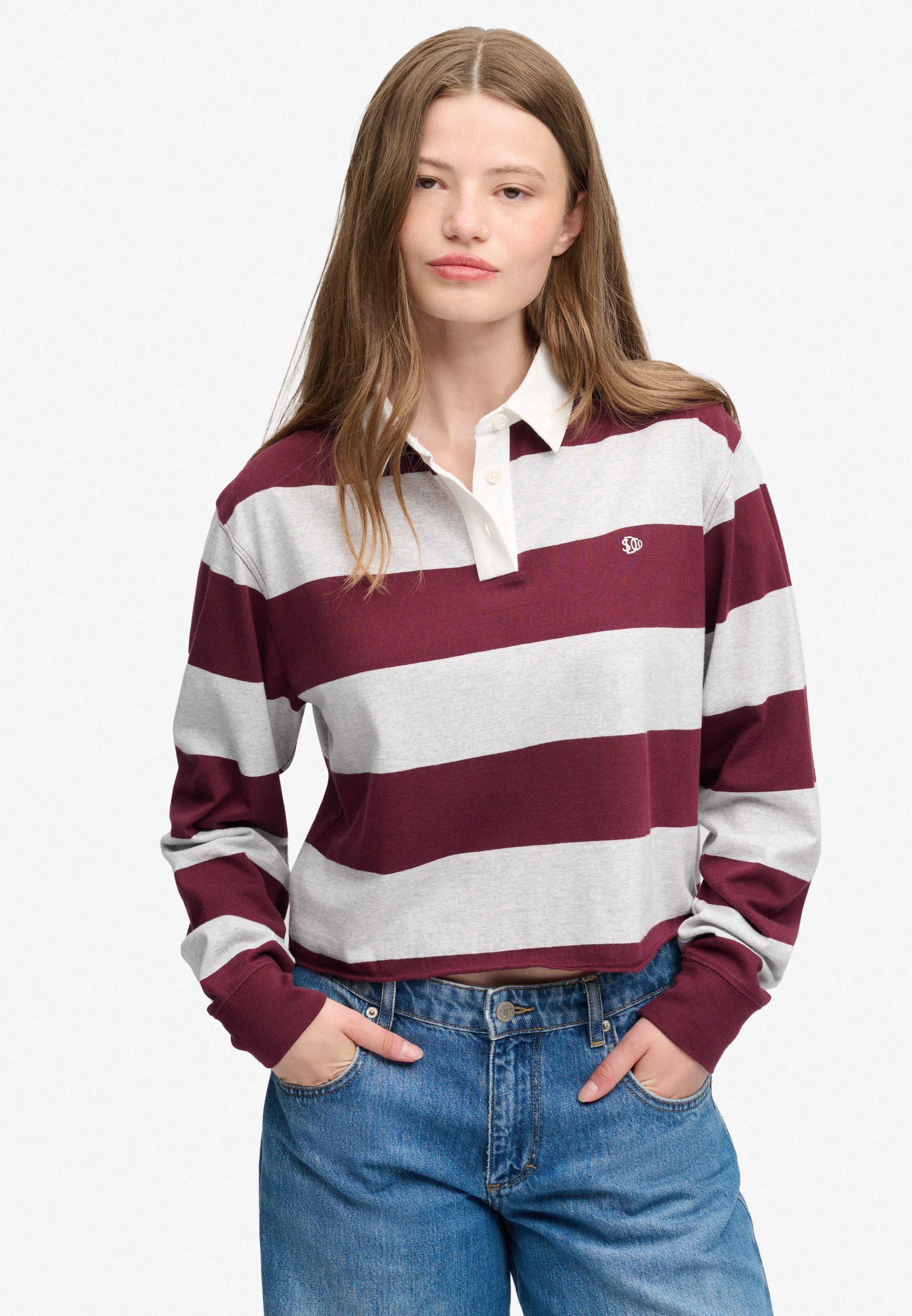Superdry Langarm-Poloshirt ATH ESS CROPPED STRIPE RUGBY Baumwolle, oversize, cropped fit