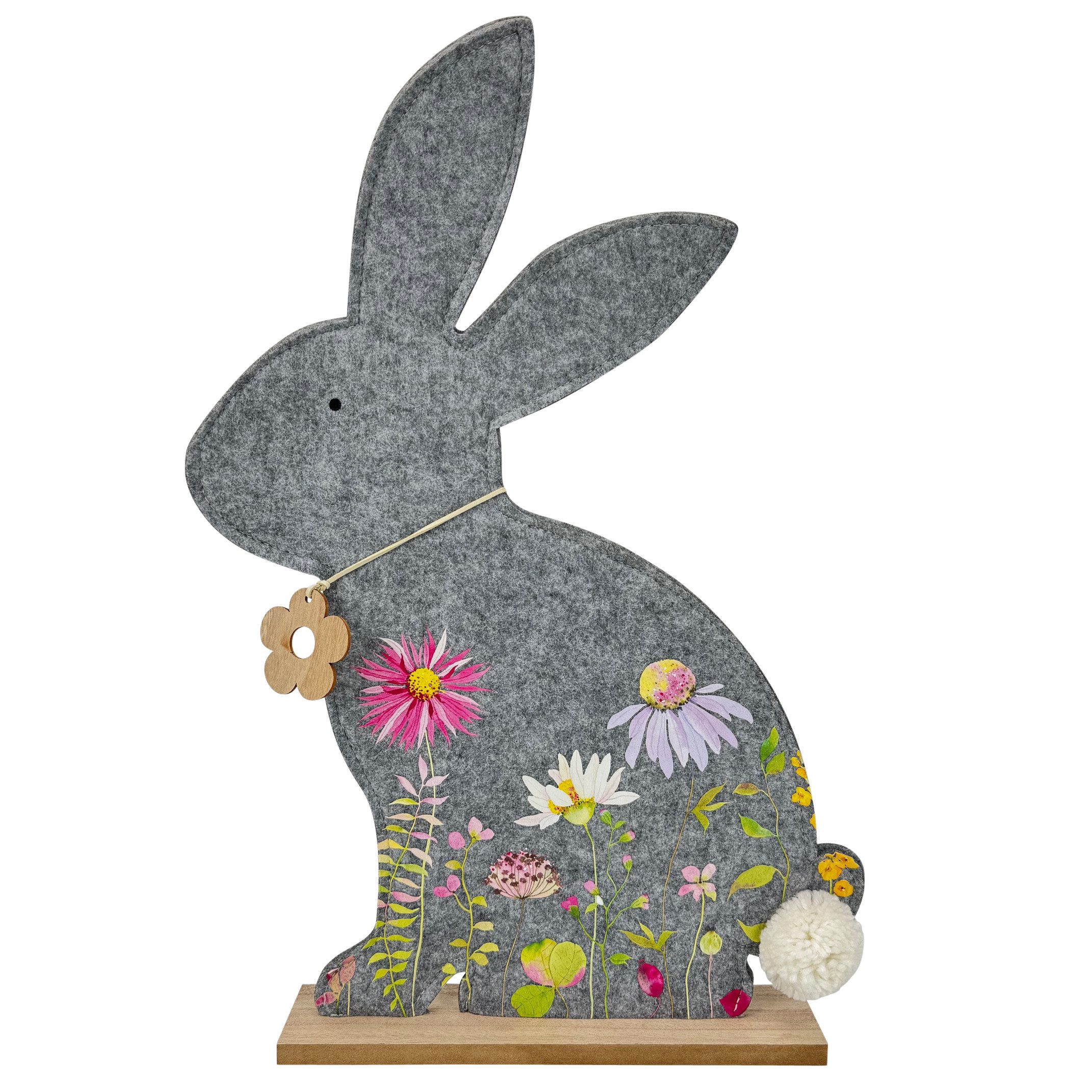 Online-Fuchs Osterhase Figur XL aus Filz und Holz - 53 cm groß - Dekoration zu Ostern (Grau mit bunten Blumen), Blütenkette aus Holz und weißem Puschelschwanz