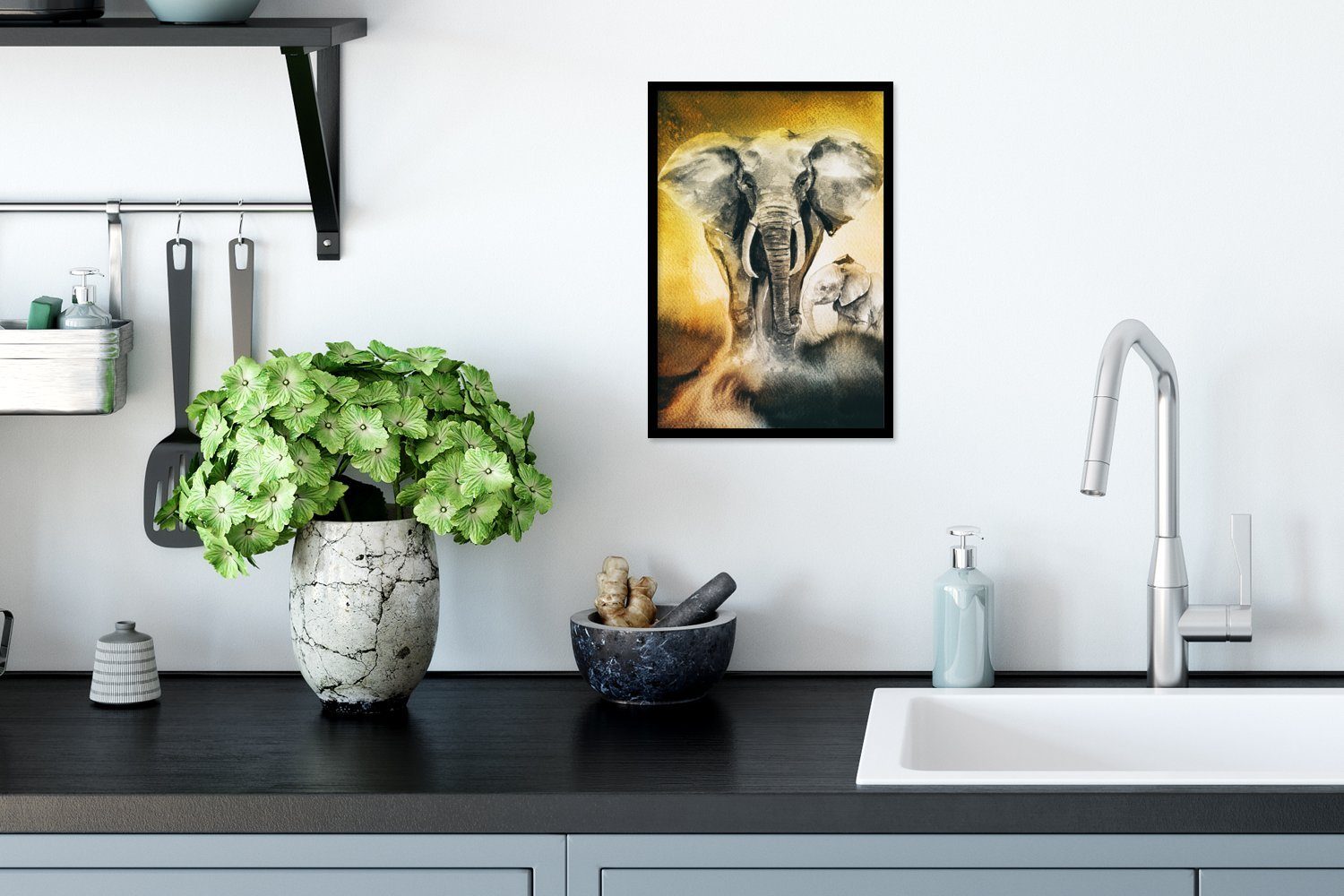MuchoWow Poster Elefant - Wandposter, Wanddeko, St), Schwarzem Poster, Bilderrahmen Gelb, Aquarellfarbe - Gerahmtes Bilder, (1