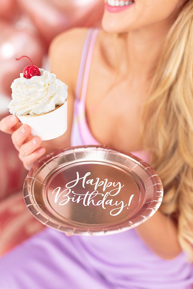 partydeco Pappteller, Pappteller Happy Birthday 18cm rosegold 6er Set