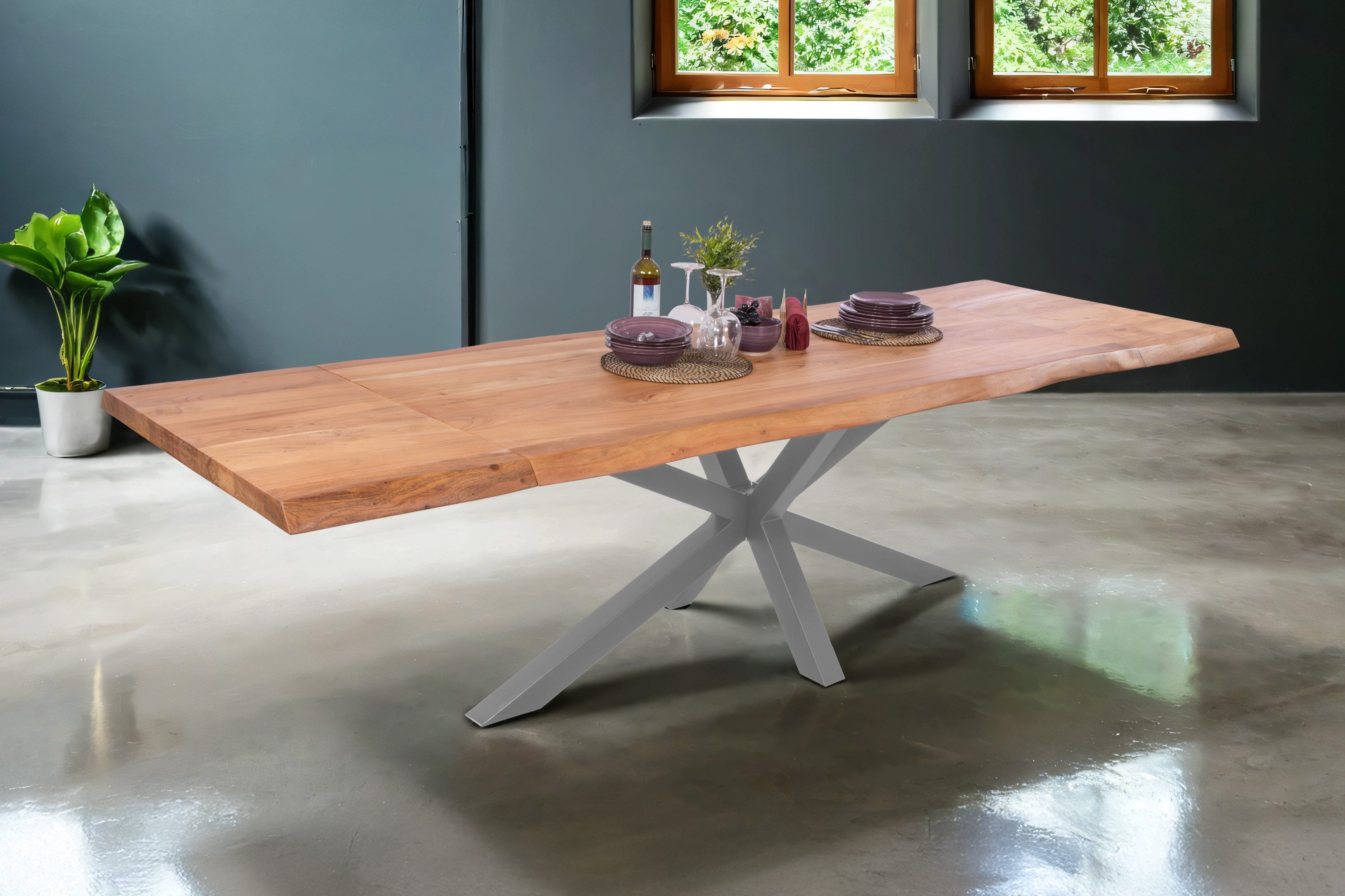 SAM® Baumkantentisch Cali_ASP, massives Akazienholz, Baumkante, verschiedene Metallgestelle, bis 3m