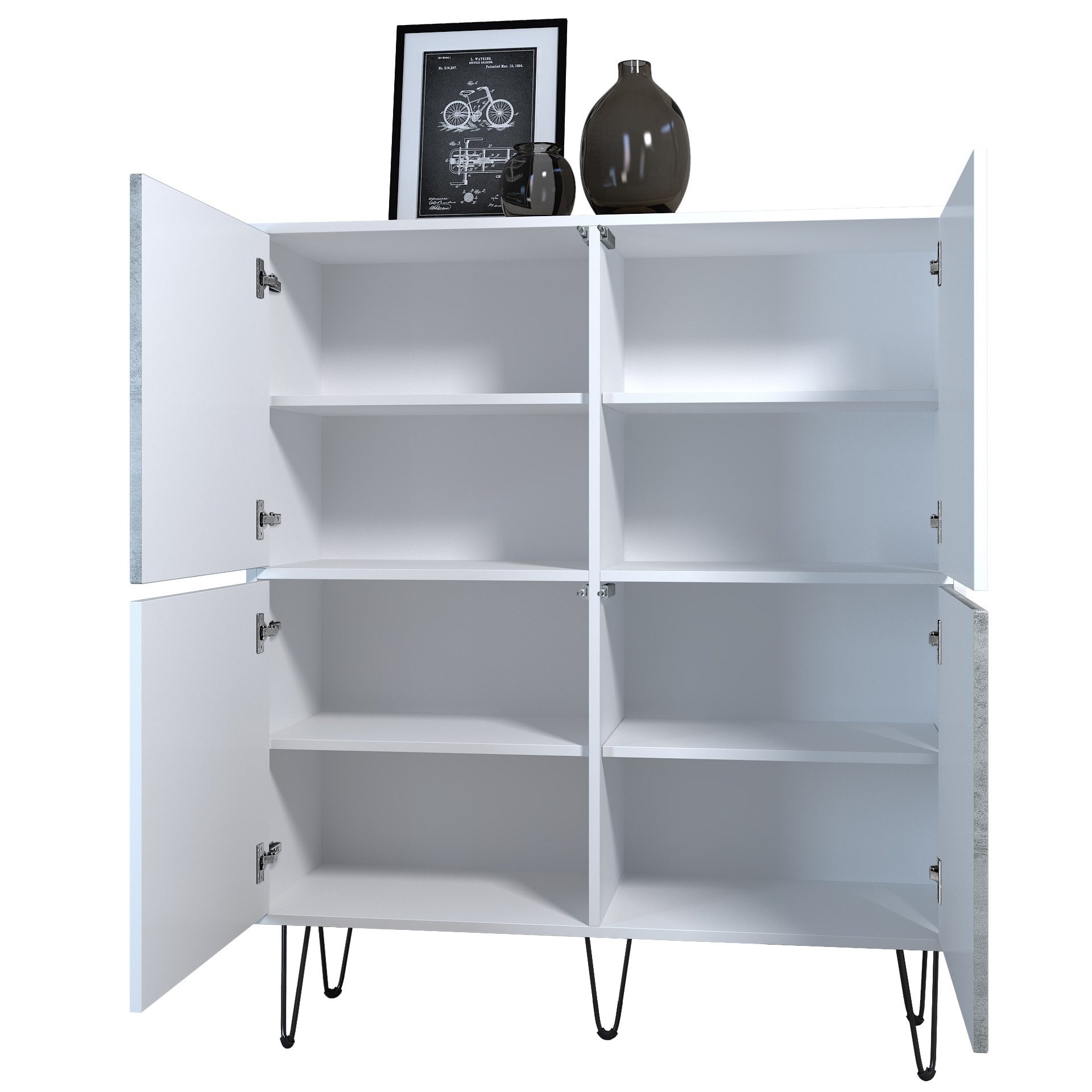 Vladon Highboard Havana V2 (Sideboard mit 4 Türen und 8 geschlossenen Fächern, Kommode Made in Germany), Weiß matt / Weiß matt (104 x 124 x 35 cm)