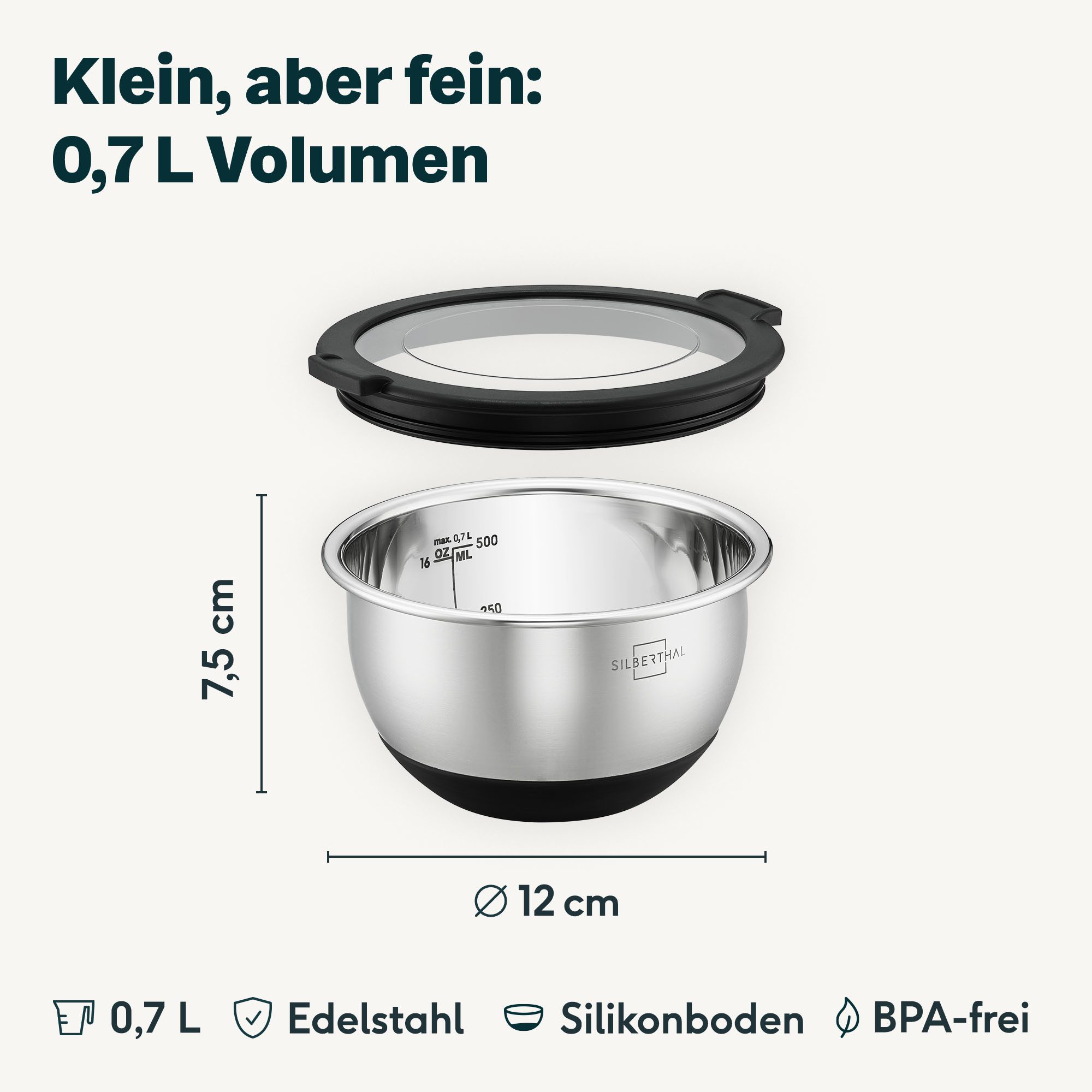 SILBERTHAL Rührschüssel Salatschüssel 12cm, Edelstahl, (1-tlg), Rutschfest dank Silikonboden, mit integrierter Skala