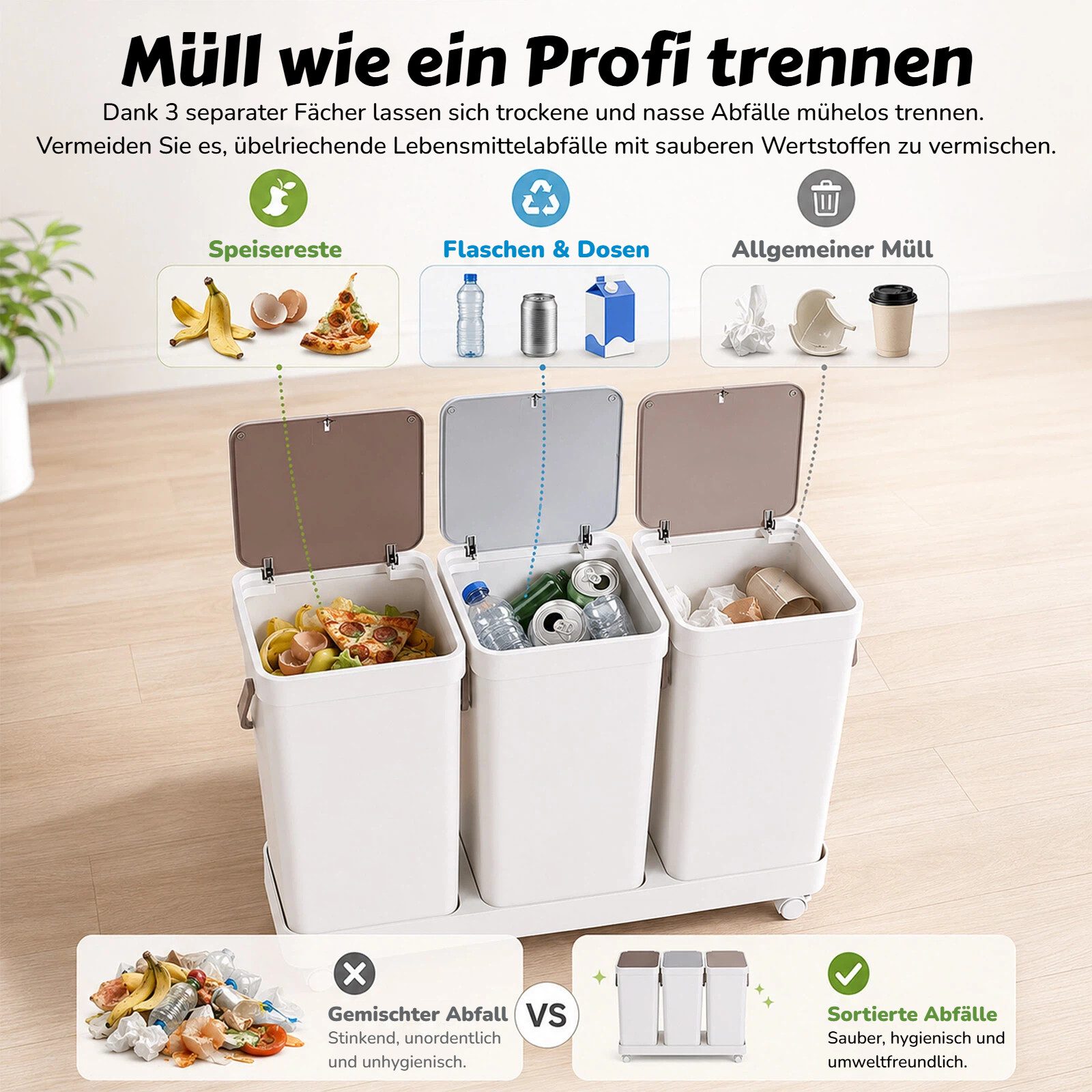 BlingBin Mülleimer 3-er Mülleimer-Set, Küche Mülltrennsystem mit Rollen & Deckel, Herausnehmbare Recycling-Mülleimer für Papier, Kunststoff, Glas