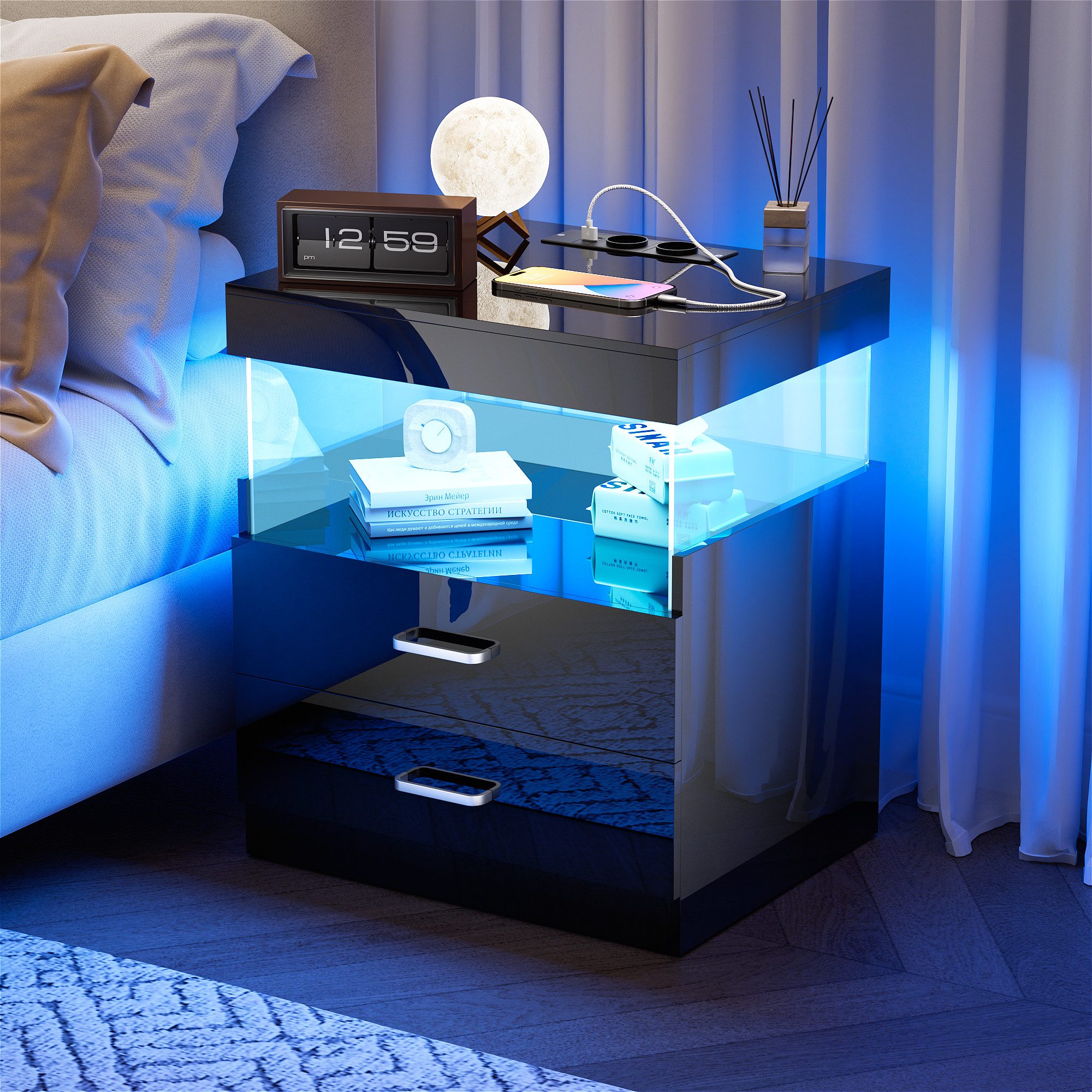 Nachttisch Modern Hochglanz Nachtschrank mit LED und Ladefunktion