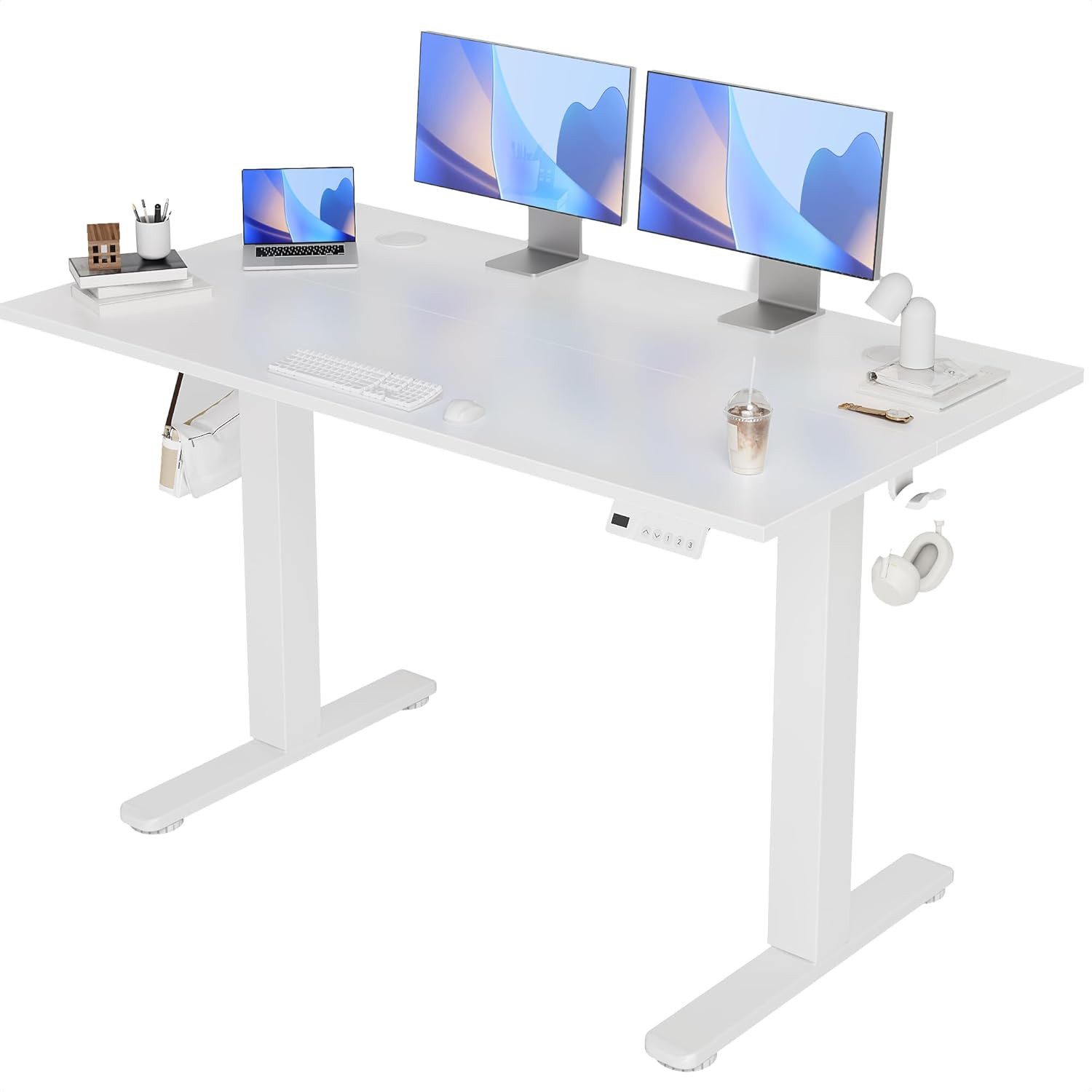 Claiks Schreibtisch Höhenverstellbarer elektrisch Schreibtisch, Steh-Sitz Tisch (1-St), mit 2 Haken und 3 Memory-Funktion, 120x60cm, Weiß