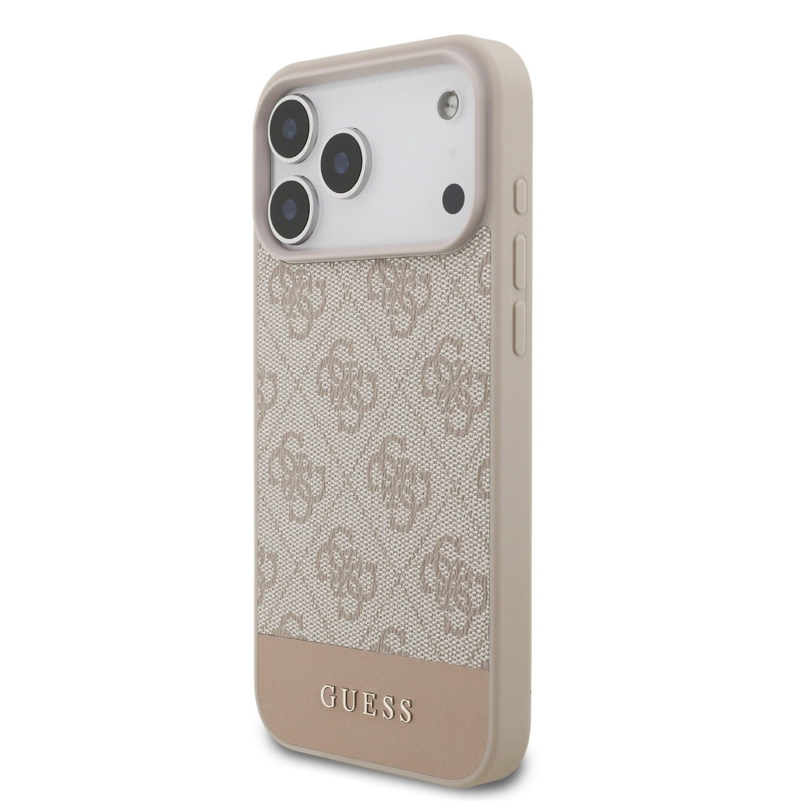 Guess Handyhülle Case iPhone 17 Pro Classic Kunstleder rosa Muster Logo goldfarbig 6,3 Zoll, Kantenschutz