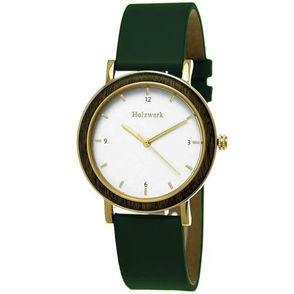 Holzwerk Quarzuhr JENA kleine Damen Edelstahl & Leder Holz Armband Uhr, grün, gold, weiß