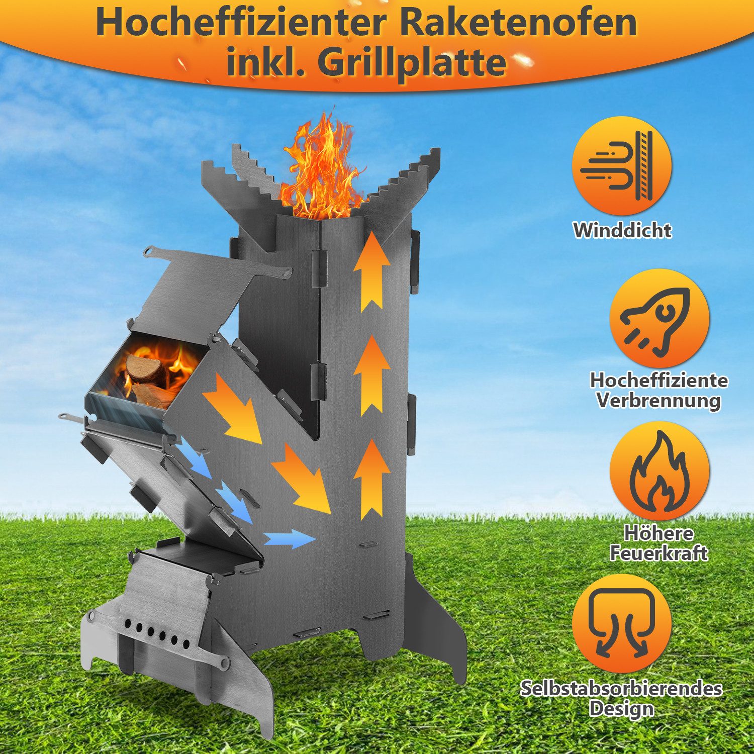 Clanmacy Feuerschale Raketenofen inkl. Grillplatte und Feuerstellen-Poker Campingkocher – Bild 3 von 5